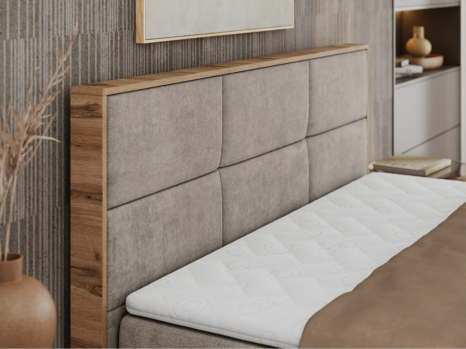 Boxspringbett ALBERO 2 mit Topper und Multipocket-Matratze, Stauraum, Holzrahmen - 160x200 cm - H4 - Beige Strukture