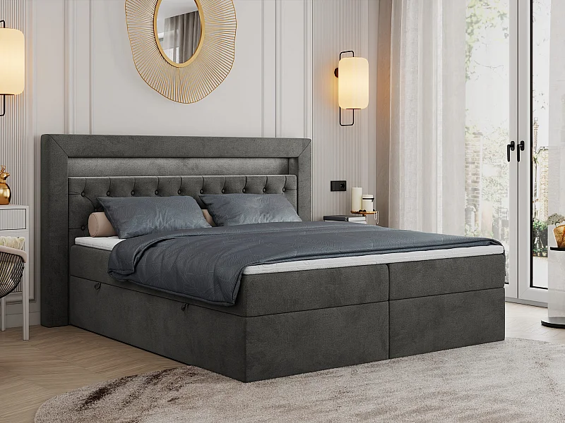 Boxspringbett GOLD 6, Doppelbett mit Stauraum, LED-Beleuchtung, gesteppte Kopfstütze - 120x200 cm - H3 - Dunkelgrau Velvet