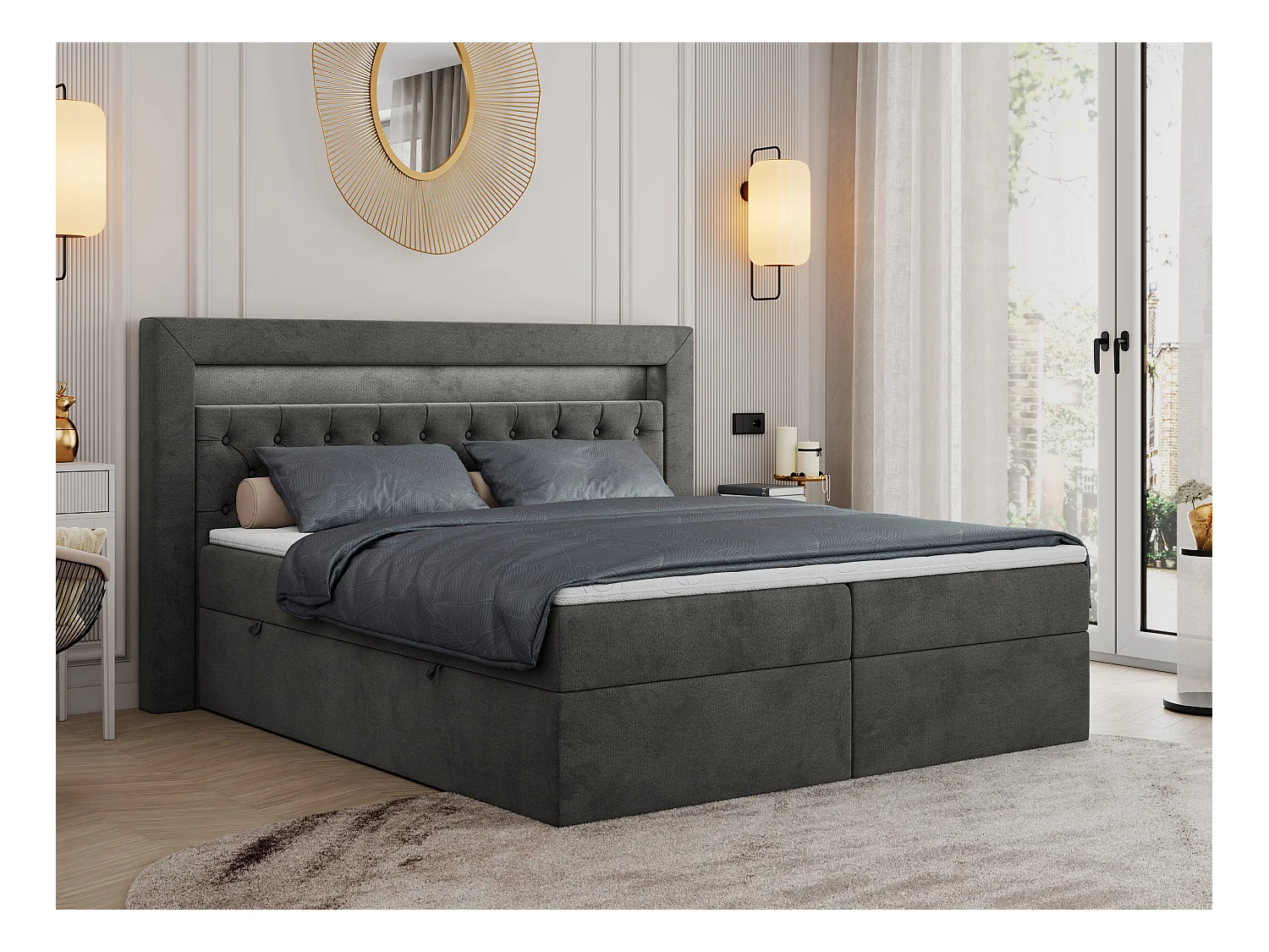 Boxspringbett GOLD 6, Doppelbett mit Stauraum, LED-Beleuchtung, gesteppte Kopfstütze - 120x200 cm - H3 - Dunkelgrau Velvet