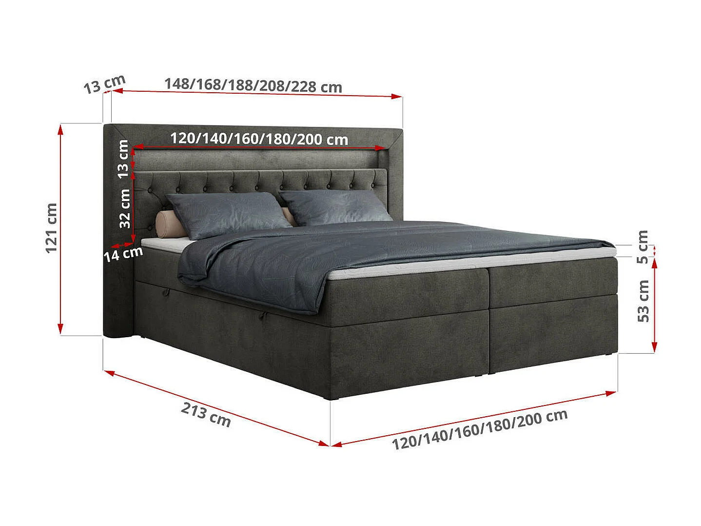 Boxspringbett GOLD 6, Doppelbett mit Stauraum, LED-Beleuchtung, gesteppte Kopfstütze - 120x200 cm - H3 - Dunkelgrau Velvet