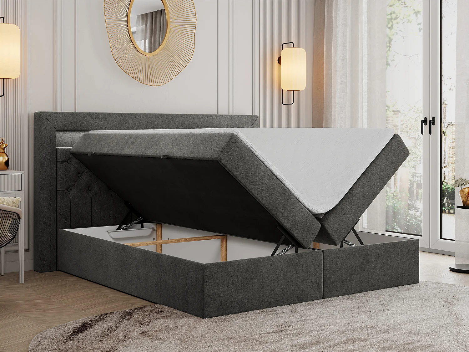 Boxspringbett GOLD 6, Doppelbett mit Stauraum, LED-Beleuchtung, gesteppte Kopfstütze - 120x200 cm - H3 - Dunkelgrau Velvet