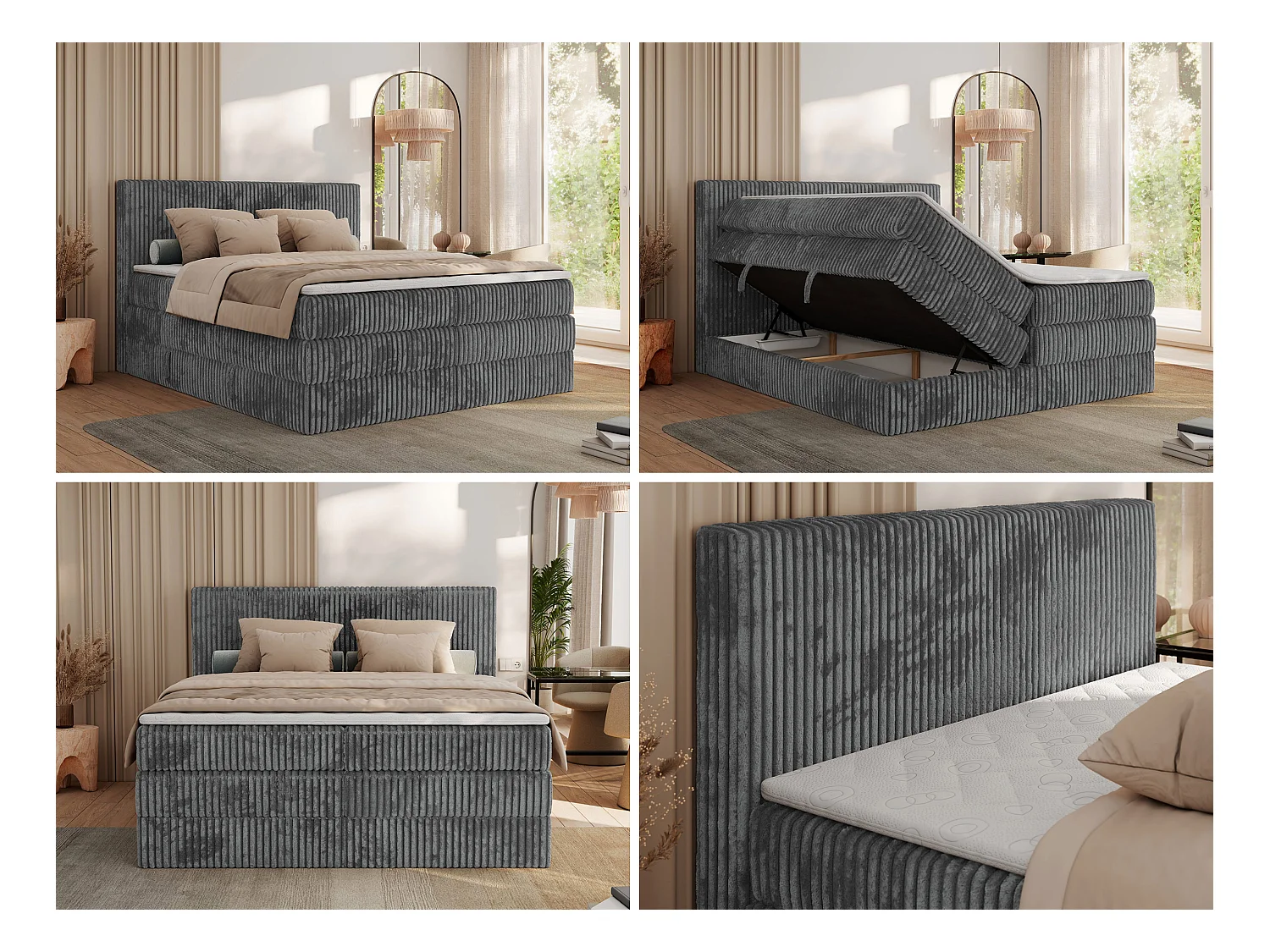 Boxspringbett TILIANO KING, Multipocket-Matratze, Cord Bett, Kopfteil und zwei Bettkästen - 180x200 cm - H4 - Grau Cord