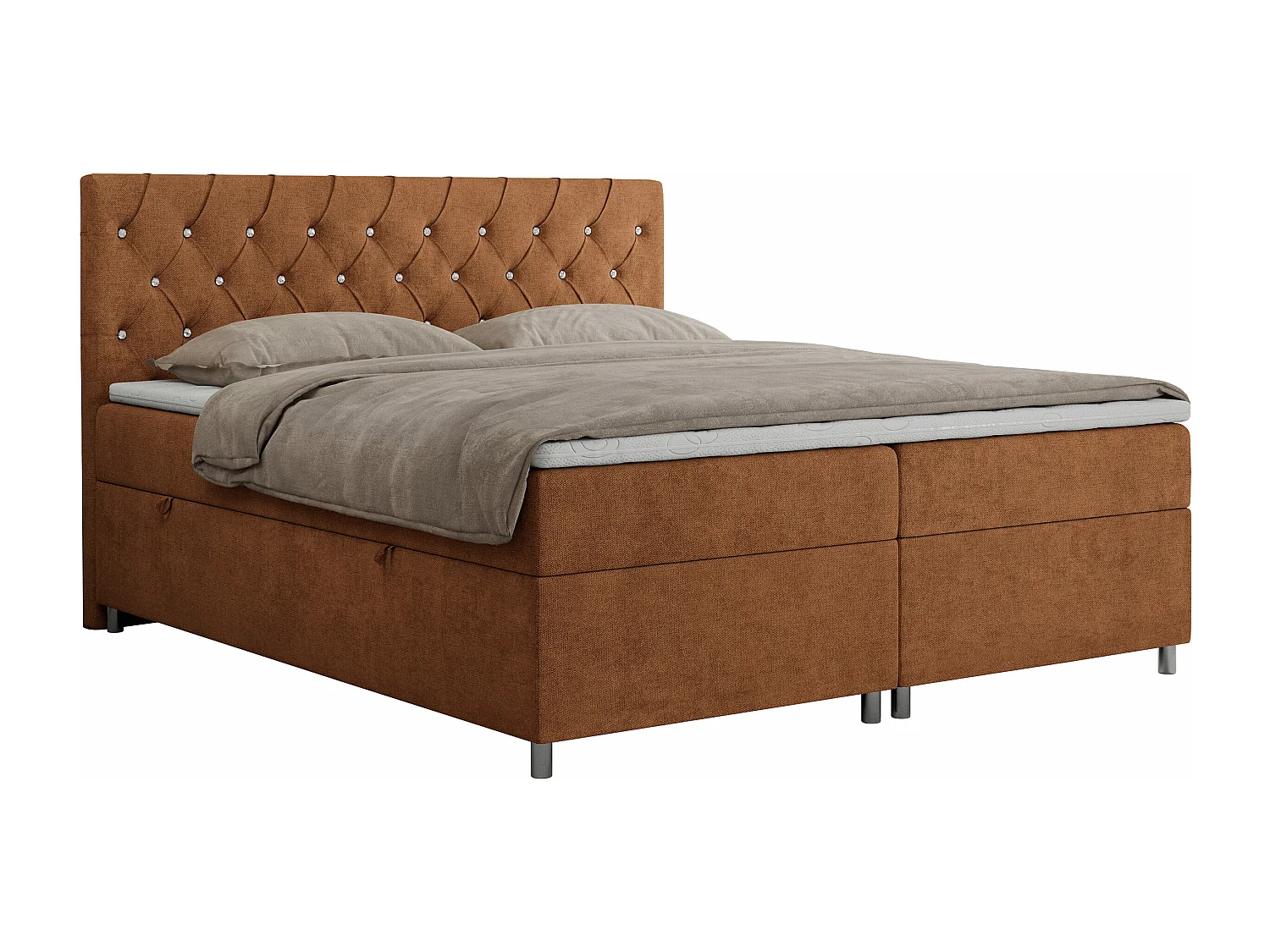 Boxspringbett ROMA mit gestepptem Kopfteil, Multipocket-Matratze, dekorative Füße - 160x200 cm - H4 - Orange Strukture