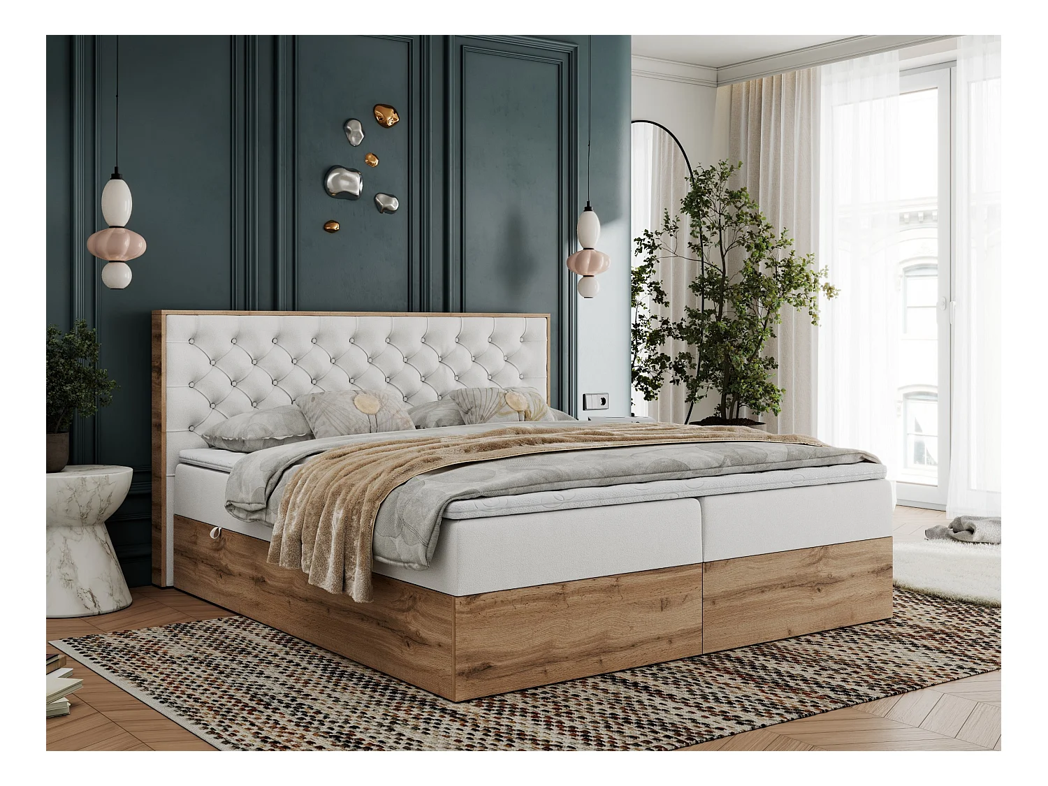 Boxspringbett ALBERO 3 - gesteppte Kopfstütze, Eiche Wotan Holzrahmen, Stauraum - 200x200 cm - H4 - Weiß Kunstleder