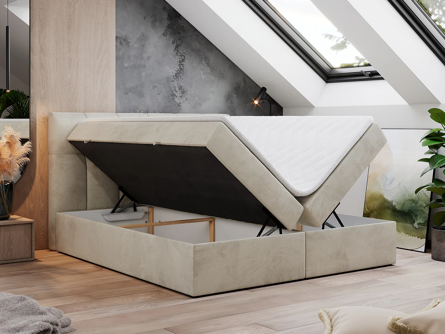 Boxspringbett RICO, Doppelbett mit Matratze, zwei Bettkästen, Bett mit Kopfteil - 180x200 cm - H3 - Beige Velvet