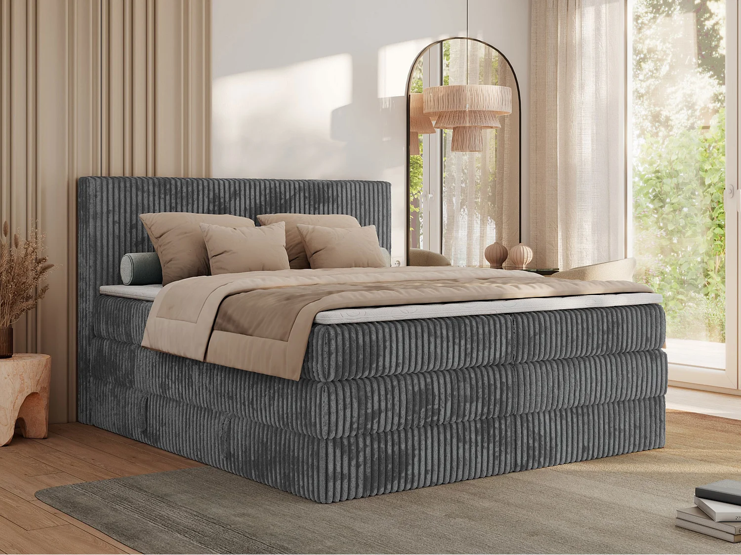 Boxspringbett TILIANO KING, Multipocket-Matratze, Cord Bett, Kopfteil und zwei Bettkästen - 160x200 cm - H4 - Grau Cord
