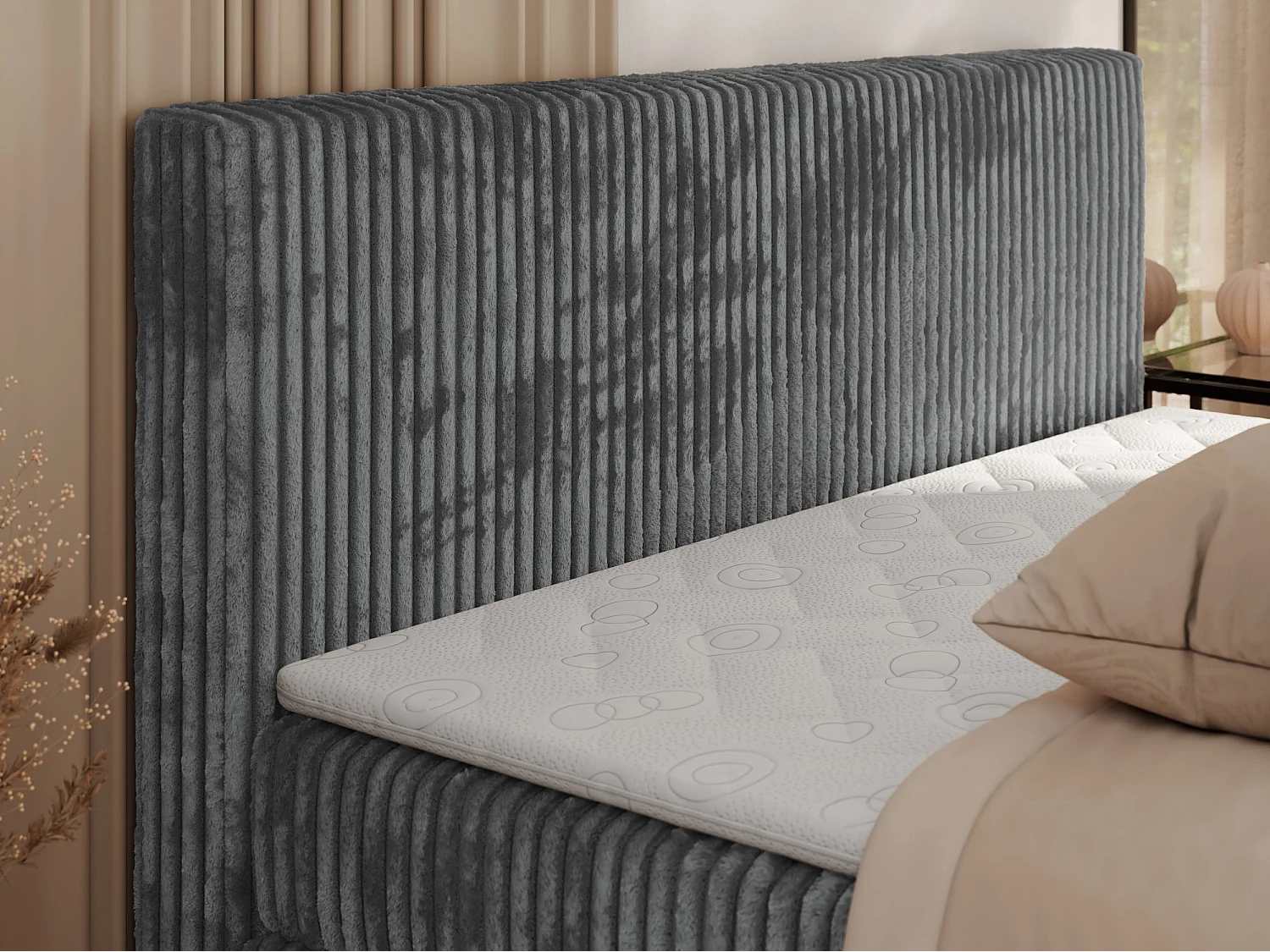 Boxspringbett TILIANO KING, Multipocket-Matratze, Cord Bett, Kopfteil und zwei Bettkästen - 160x200 cm - H4 - Grau Cord