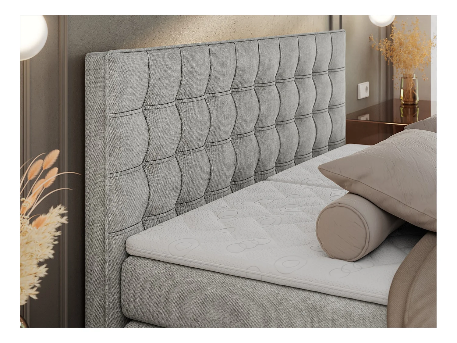 Boxspringbett ELEKTRO mit Multipocket-Matratze, Elektrisch verstellbare, genähtes Kopfteil - 180x200 cm - H3 - Hellgrau Strukture