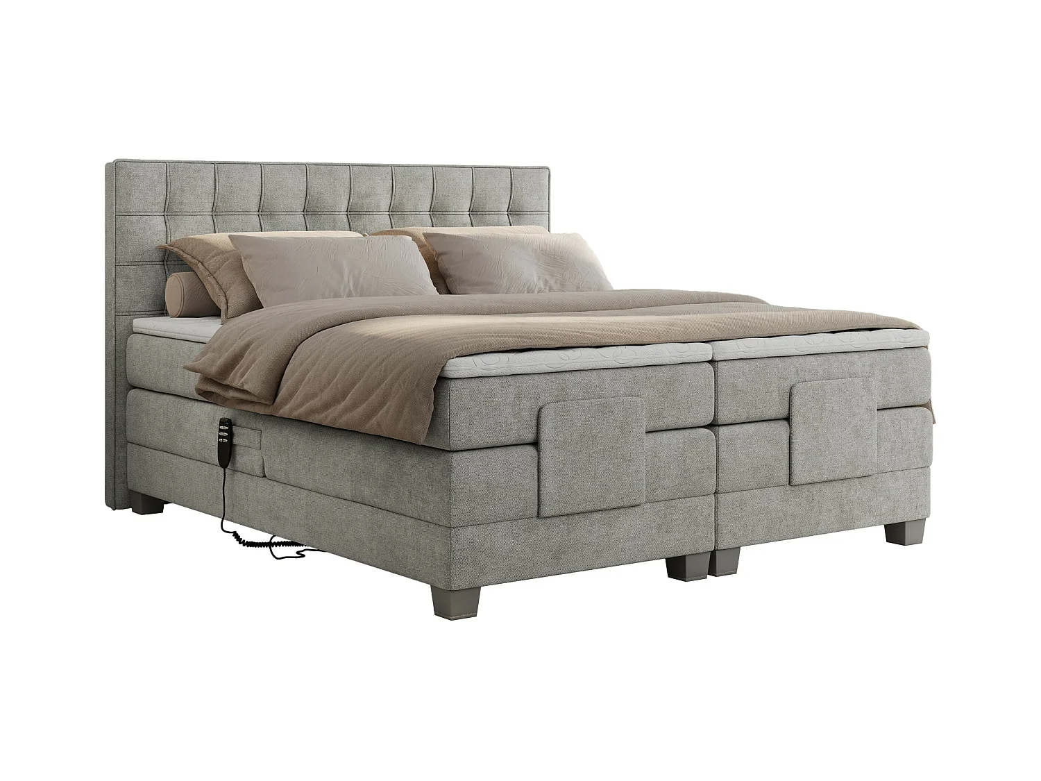 Boxspringbett ELEKTRO mit Multipocket-Matratze, Elektrisch verstellbare, genähtes Kopfteil - 180x200 cm - H3 - Hellgrau Strukture