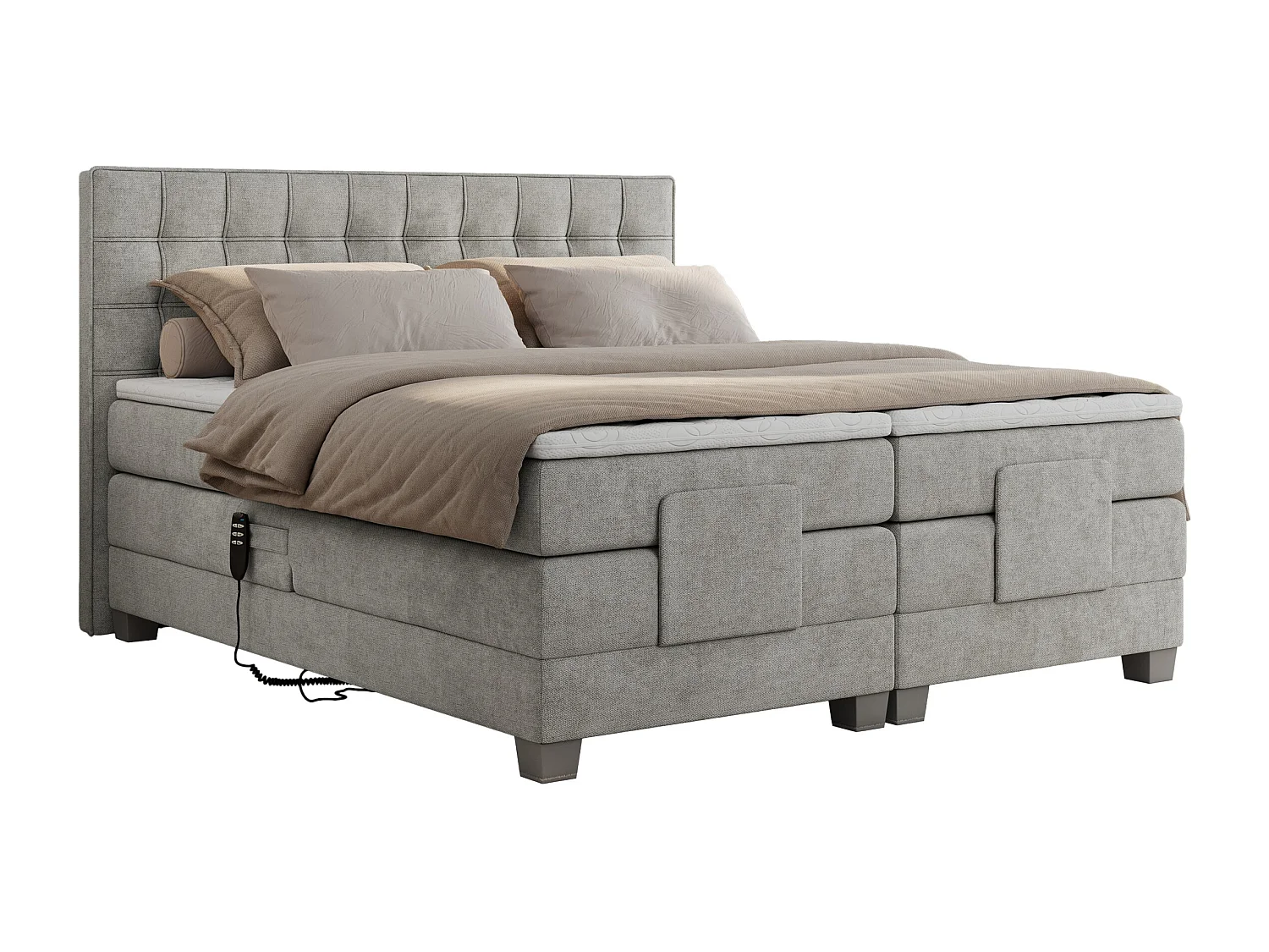 Boxspringbett ELEKTRO mit Multipocket-Matratze, Elektrisch verstellbare, genähtes Kopfteil - 180x200 cm - H3 - Hellgrau Strukture