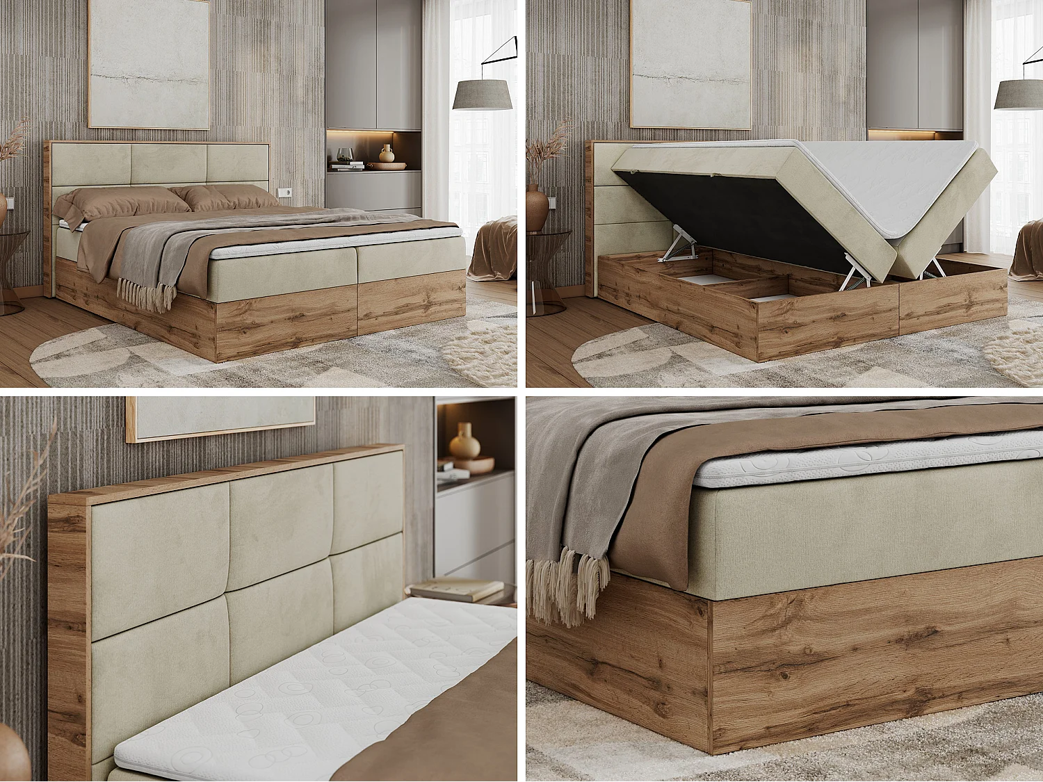 Boxspringbett ALBERO 2 mit Topper und Multipocket-Matratze, Stauraum, Holzrahmen - 200x200 cm - H4 - Beige Velvet