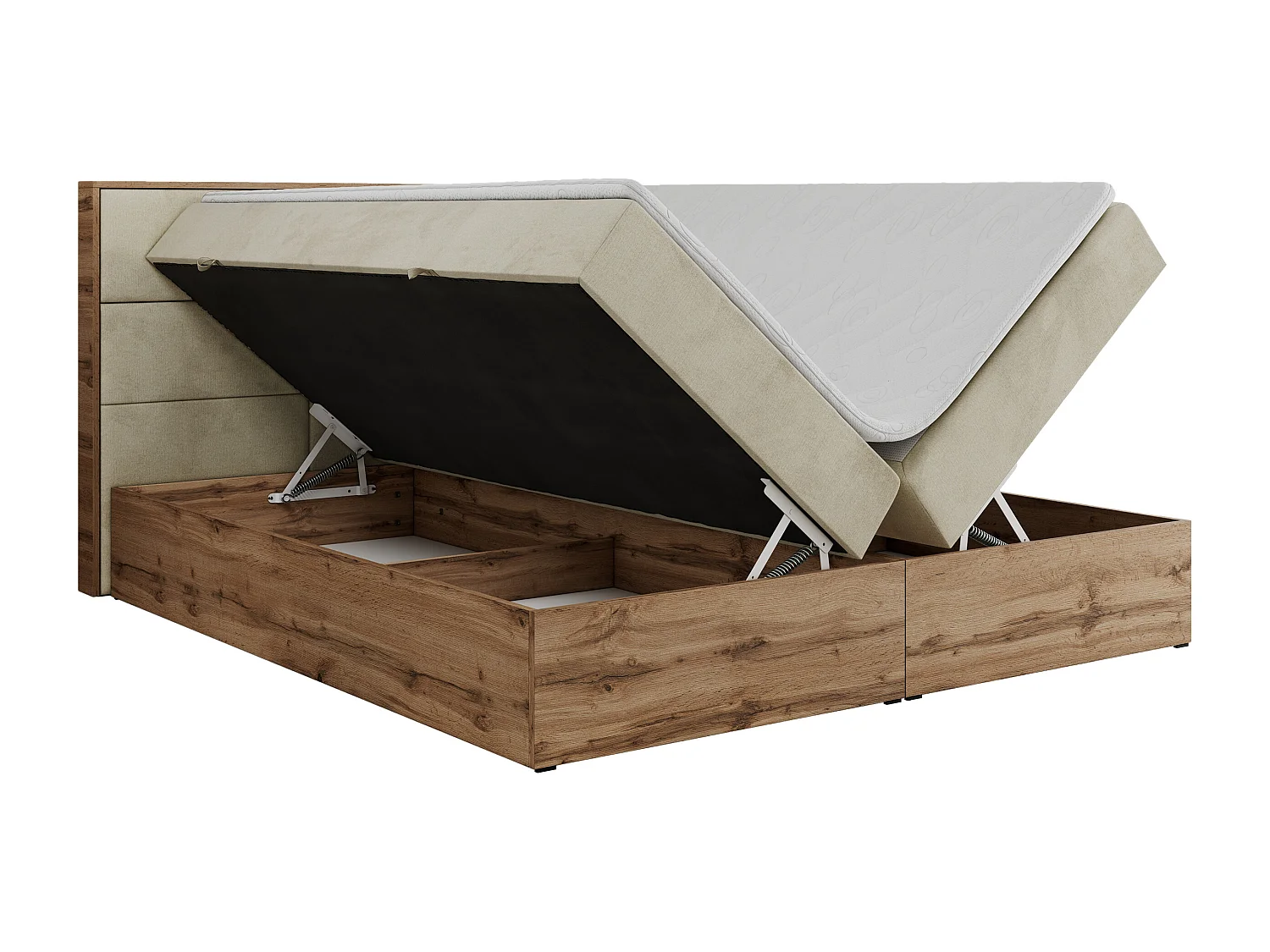 Boxspringbett ALBERO 2 mit Topper und Multipocket-Matratze, Stauraum, Holzrahmen - 200x200 cm - H4 - Beige Velvet