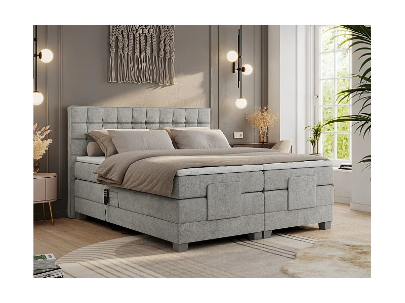 Boxspringbett ELEKTRO mit Multipocket-Matratze, Elektrisch verstellbare, genähtes Kopfteil - 160x200 cm - H3 - Hellgrau Strukture