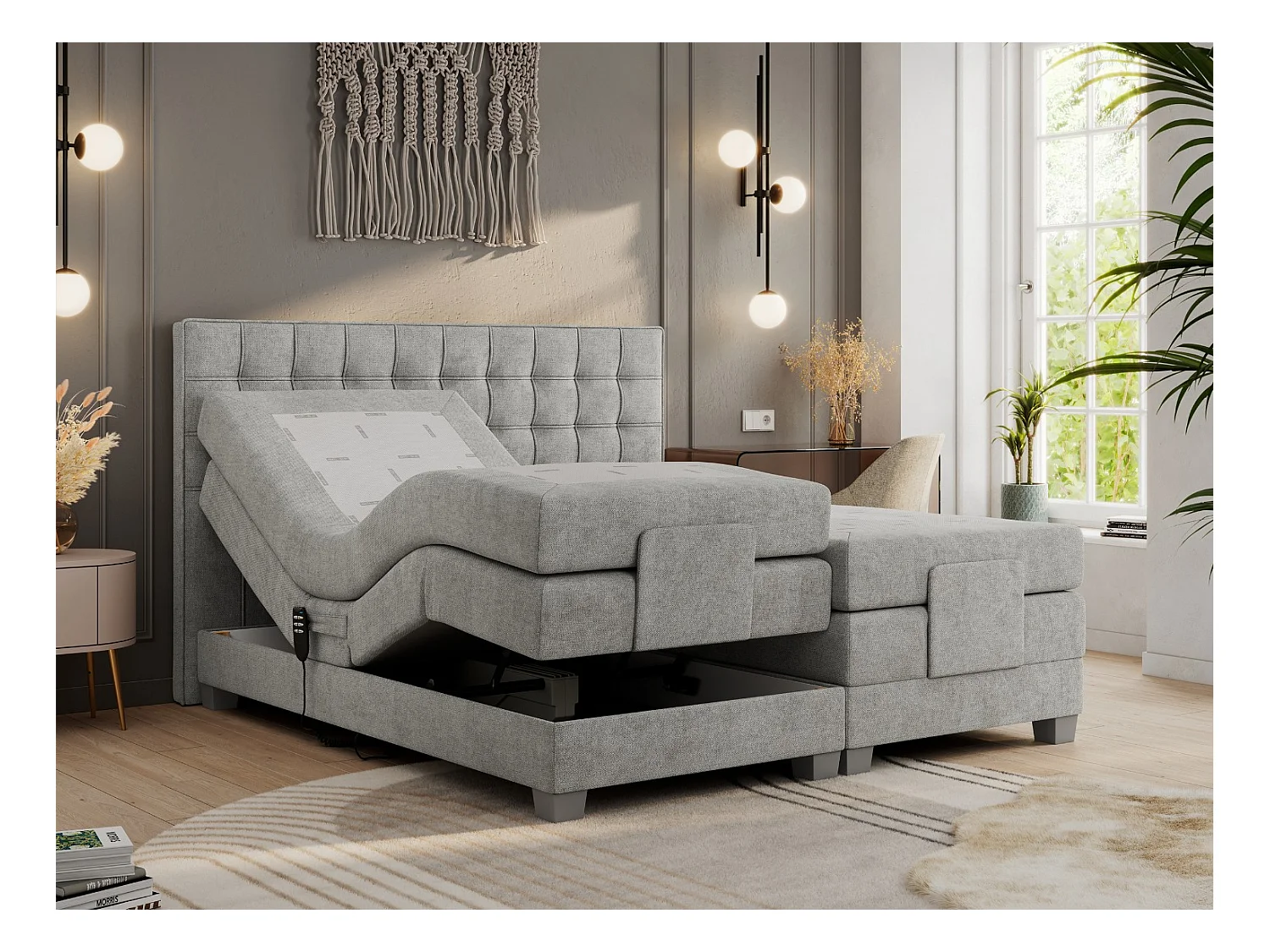 Boxspringbett ELEKTRO mit Multipocket-Matratze, Elektrisch verstellbare, genähtes Kopfteil - 160x200 cm - H3 - Hellgrau Strukture