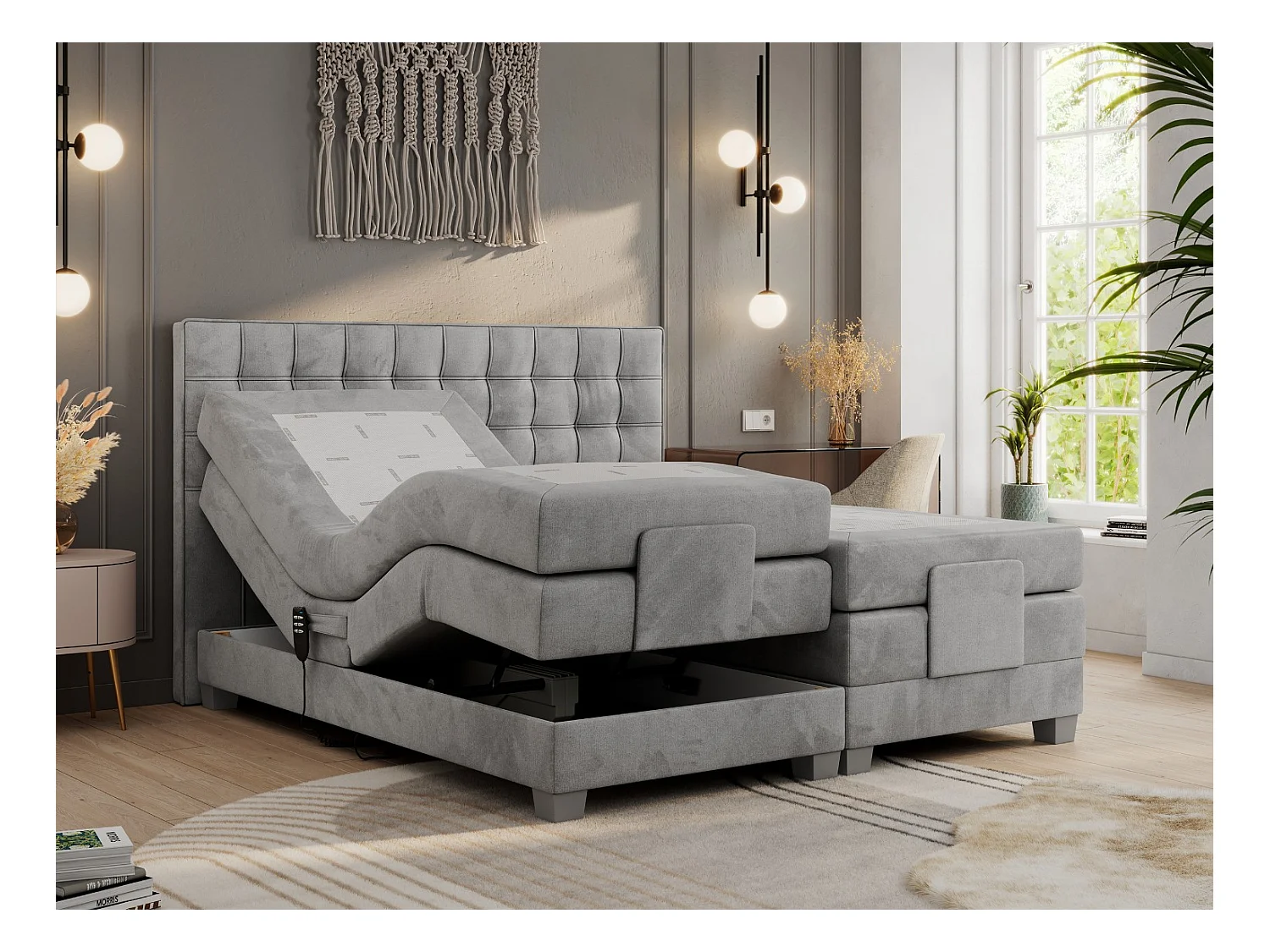 Boxspringbett ELEKTRO mit Multipocket-Matratze, Elektrisch verstellbare, genähtes Kopfteil - 140x200 cm - H3 - Hellgrau Velvet