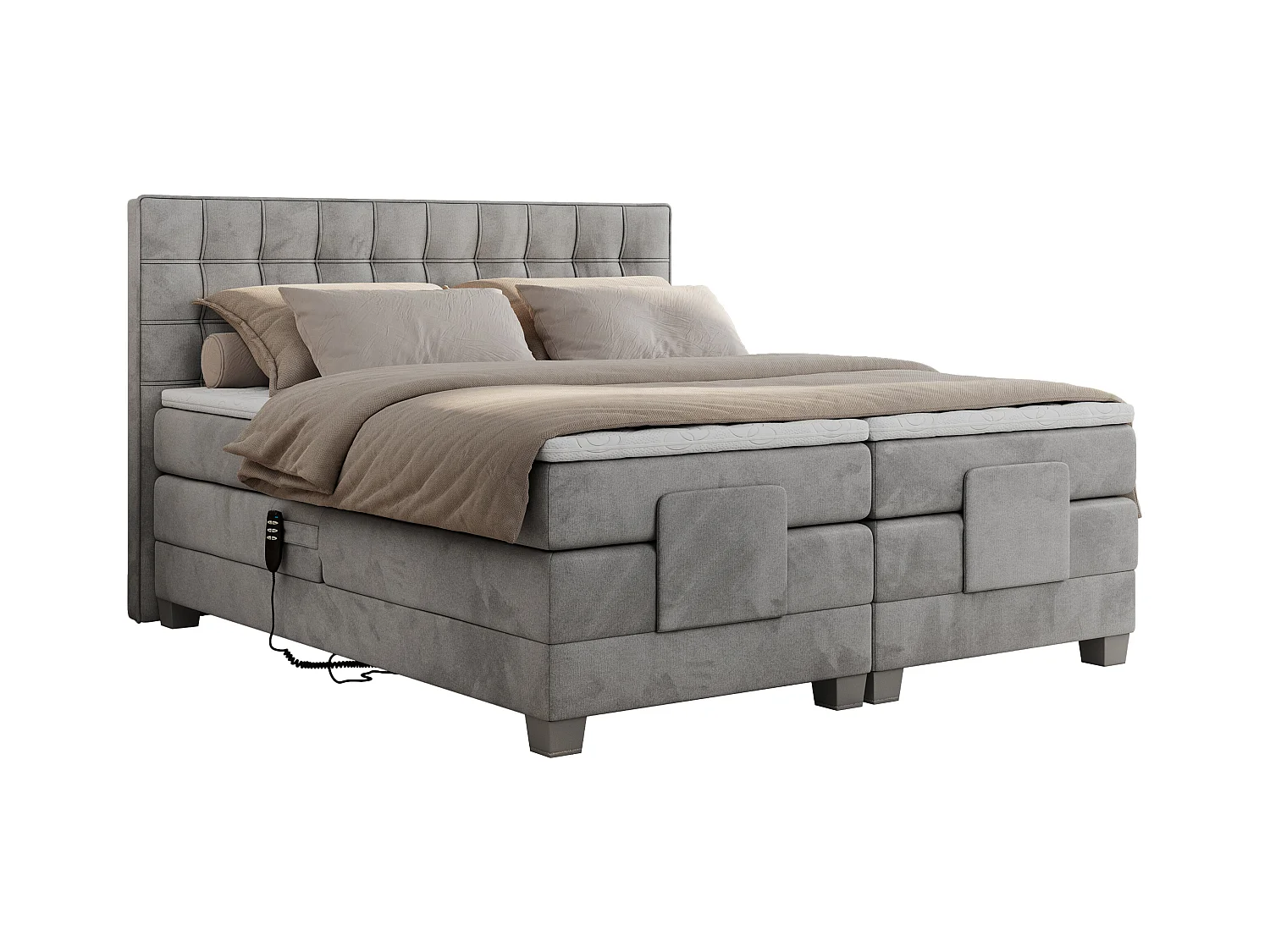 Boxspringbett ELEKTRO mit Multipocket-Matratze, Elektrisch verstellbare, genähtes Kopfteil - 140x200 cm - H3 - Hellgrau Velvet