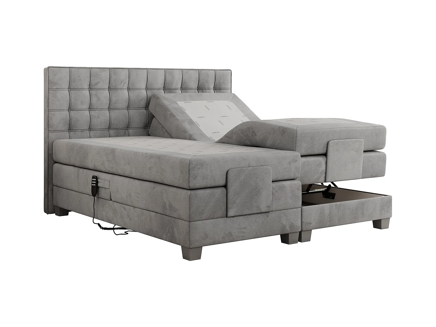Boxspringbett ELEKTRO mit Multipocket-Matratze, Elektrisch verstellbare, genähtes Kopfteil - 140x200 cm - H3 - Hellgrau Velvet