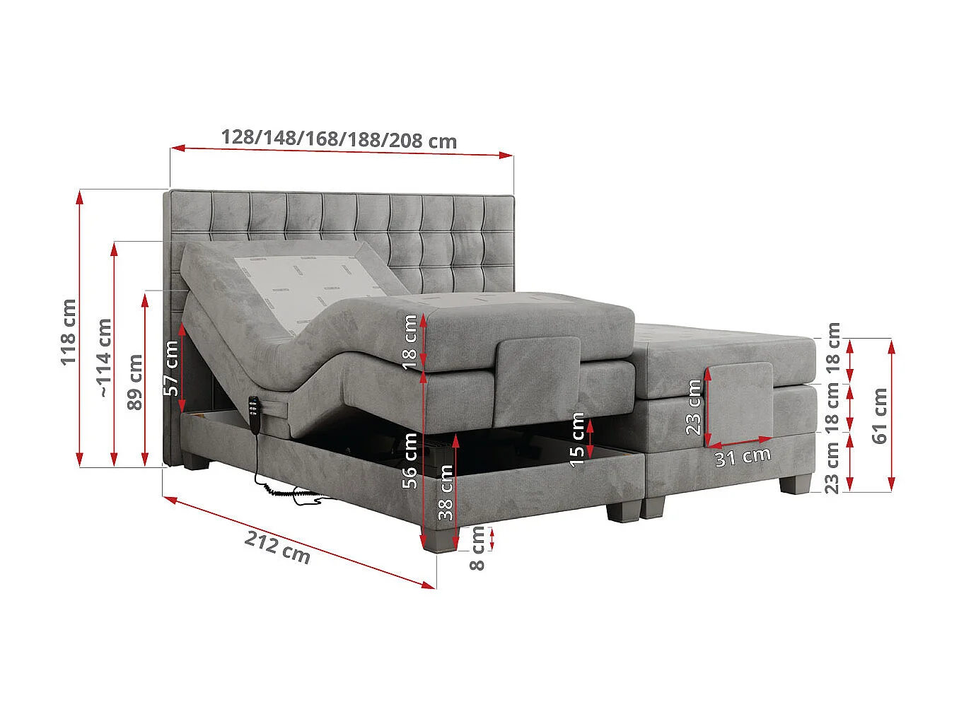 Boxspringbett ELEKTRO mit Multipocket-Matratze, Elektrisch verstellbare, genähtes Kopfteil - 140x200 cm - H3 - Hellgrau Velvet