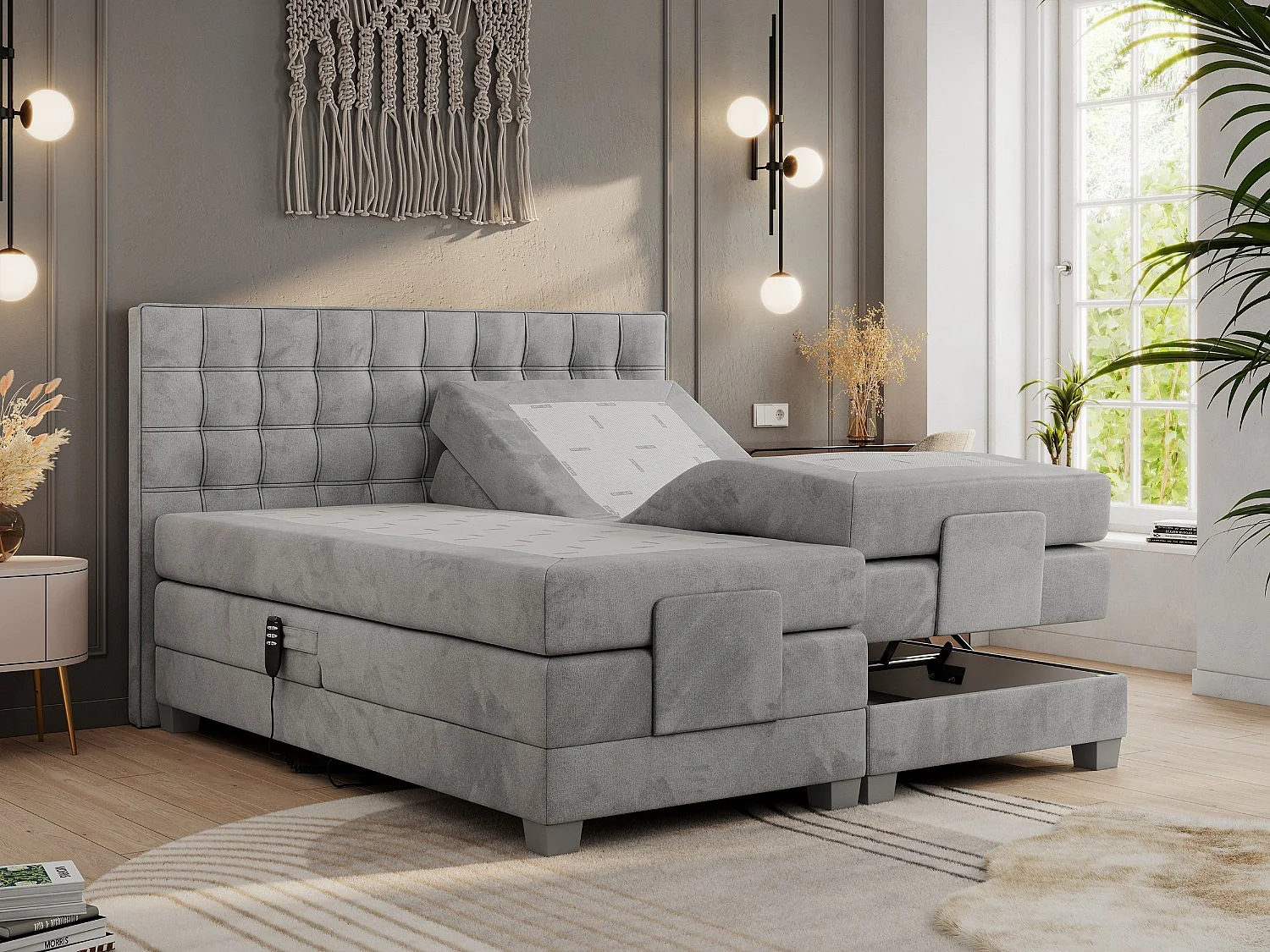 Boxspringbett ELEKTRO mit Multipocket-Matratze, Elektrisch verstellbare, genähtes Kopfteil - 140x200 cm - H3 - Hellgrau Velvet