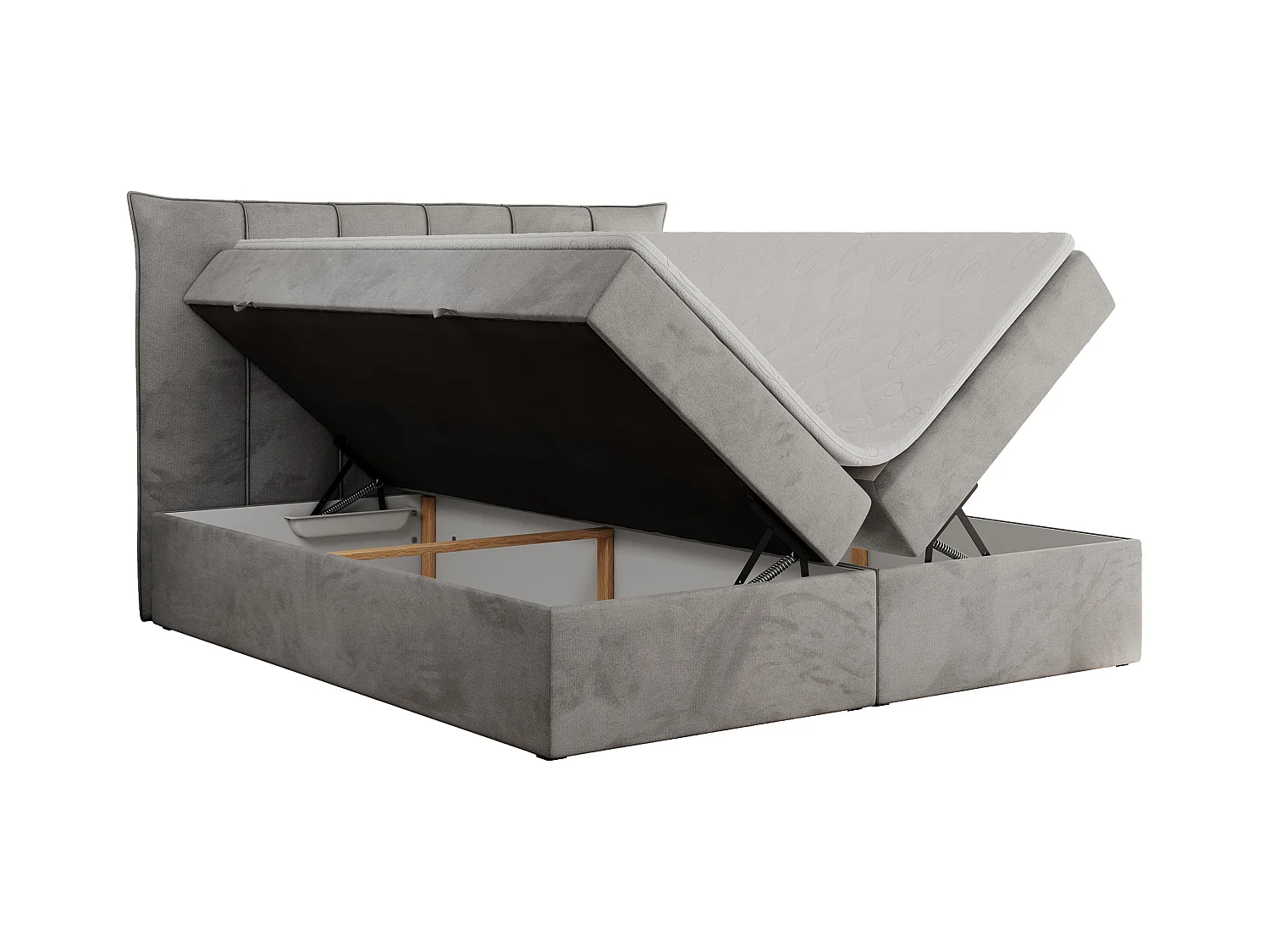 Boxspringbett PREMIUM 10 mit Multipocket-Matratze, gesteppte Kopfstütze, zwei Bettkästen - 140x200 cm - H4 - Hellgrau Velvet