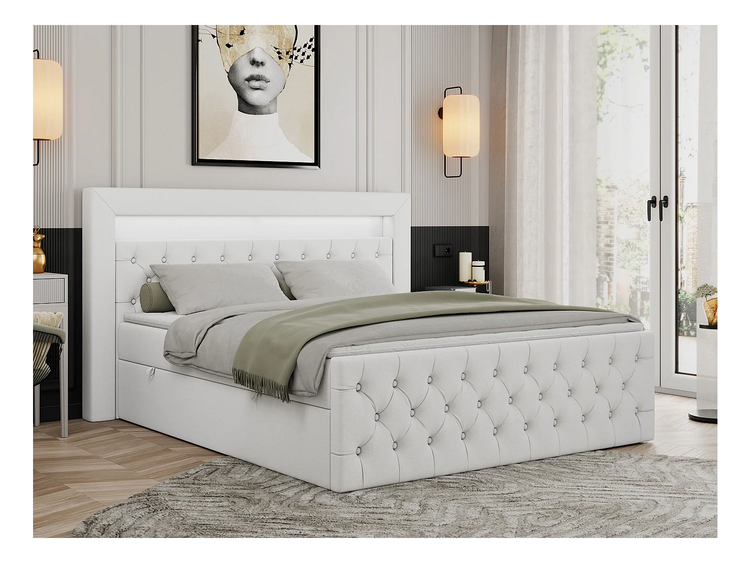 Boxspringbett GOLD 9 mit Stauraum, Multipocket-Matratze, gestepptes Bett, LED Beleuchtung - 180x200 cm - H4 - Weiß Kunstleder