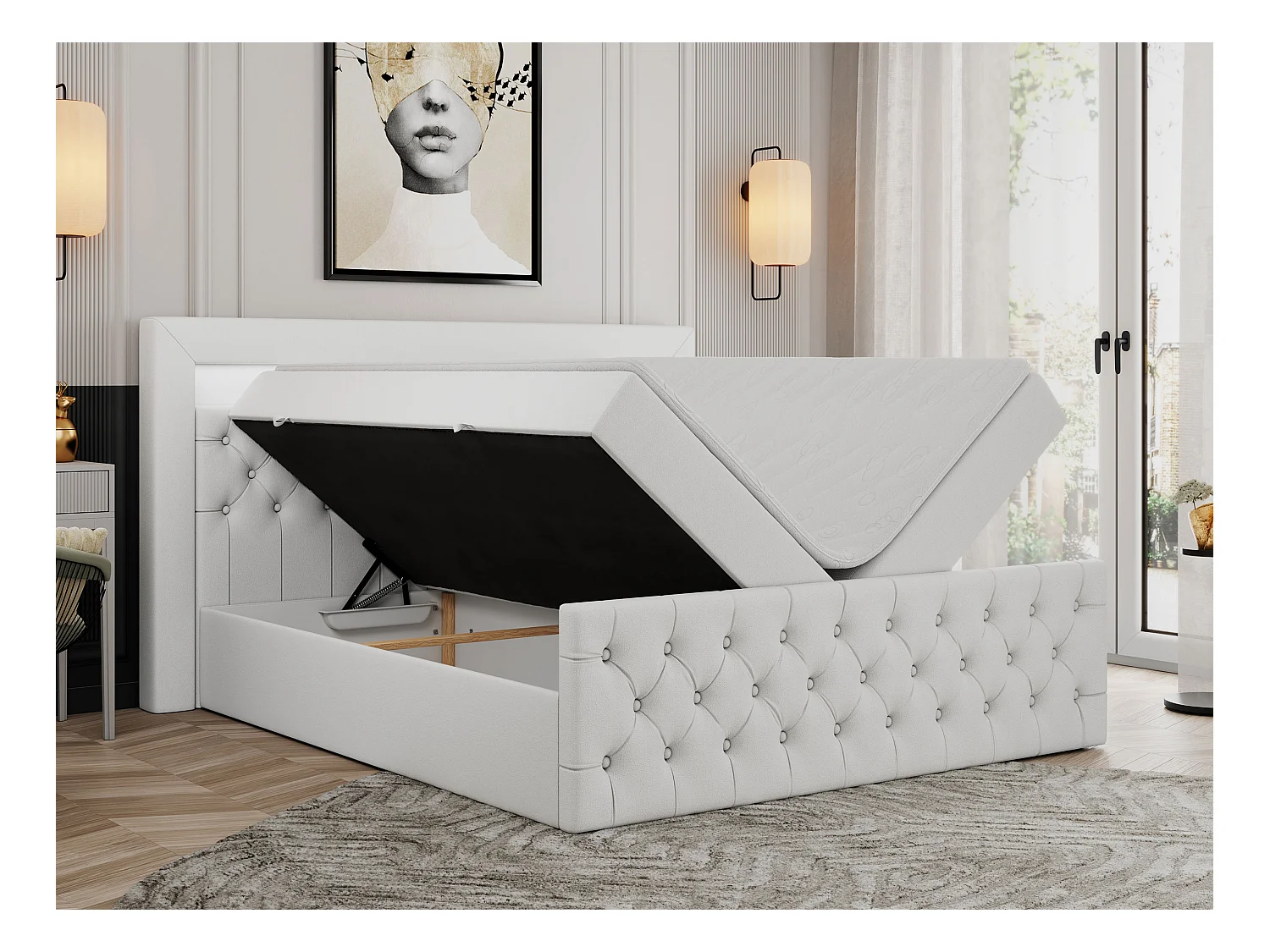 Boxspringbett GOLD 9 mit Stauraum, Multipocket-Matratze, gestepptes Bett, LED Beleuchtung - 180x200 cm - H4 - Weiß Kunstleder