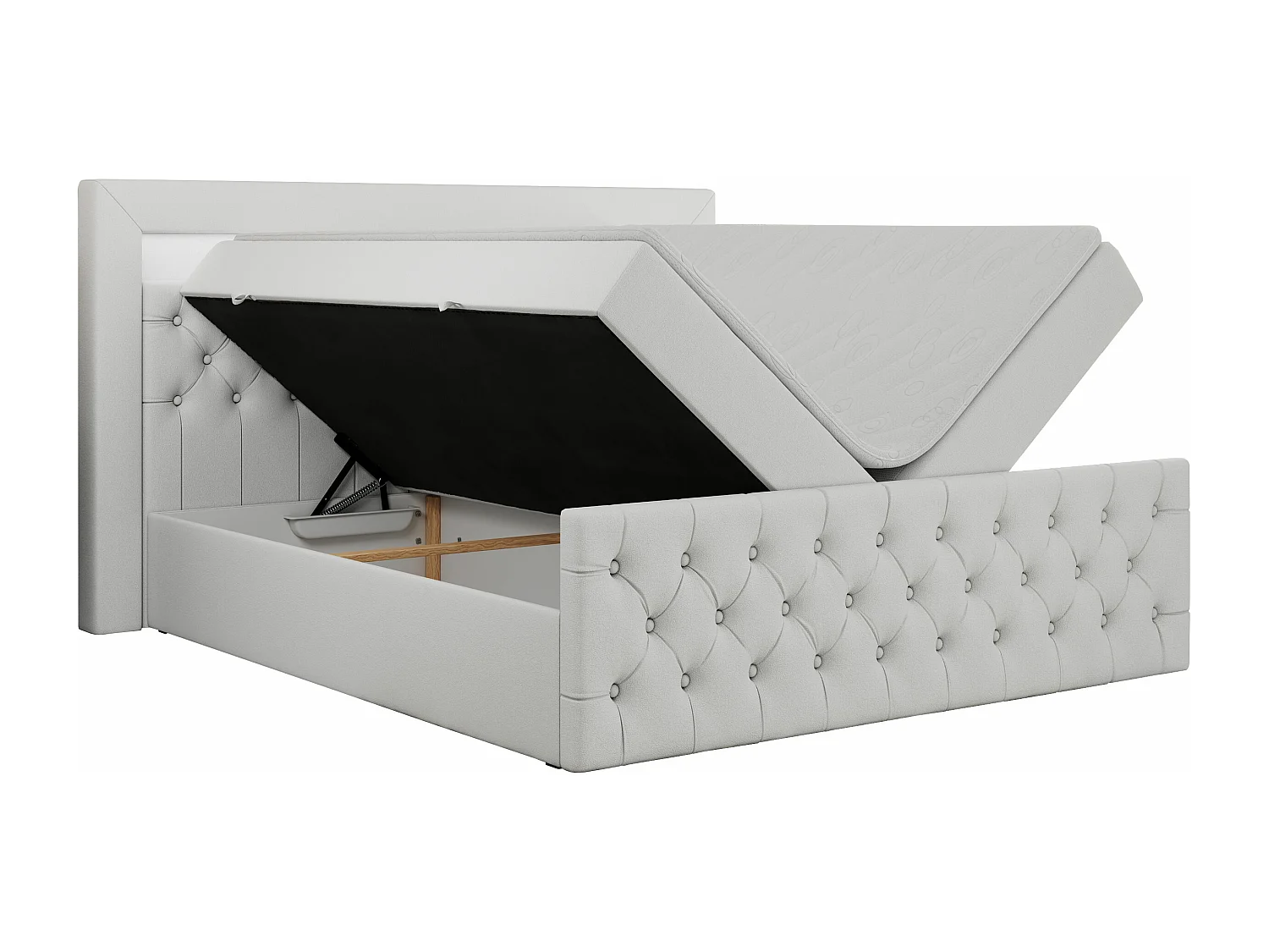 Boxspringbett GOLD 9 mit Stauraum, Multipocket-Matratze, gestepptes Bett, LED Beleuchtung - 180x200 cm - H4 - Weiß Kunstleder
