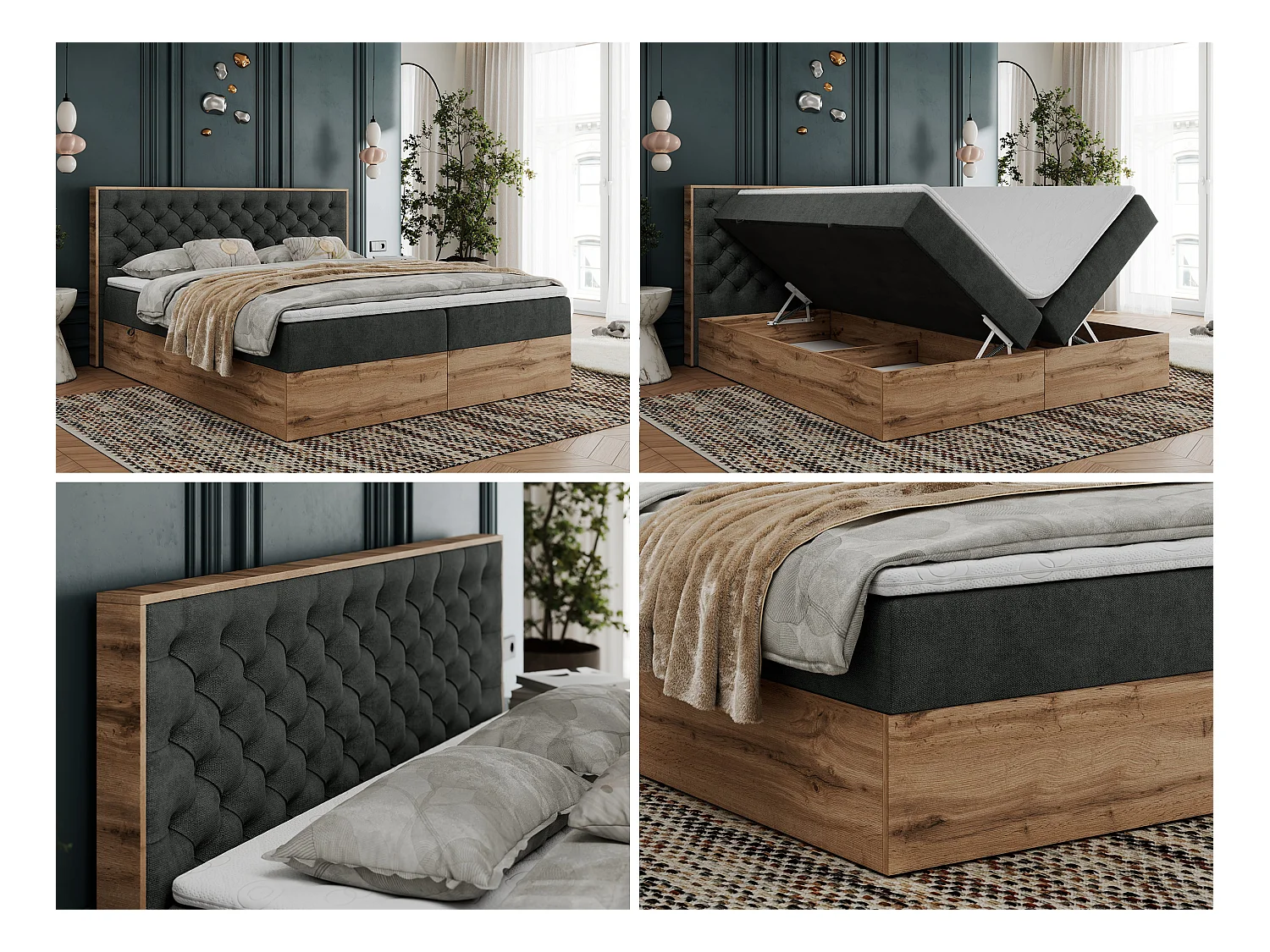 Boxspringbett ALBERO 3 - gesteppte Kopfstütze, Eiche Wotan Holzrahmen, Stauraum - 200x200 cm - H3 - Dunkelgrau Strukture