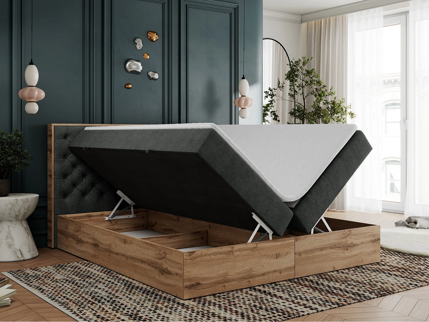 Boxspringbett ALBERO 3 - gesteppte Kopfstütze, Eiche Wotan Holzrahmen, Stauraum - 200x200 cm - H3 - Dunkelgrau Strukture
