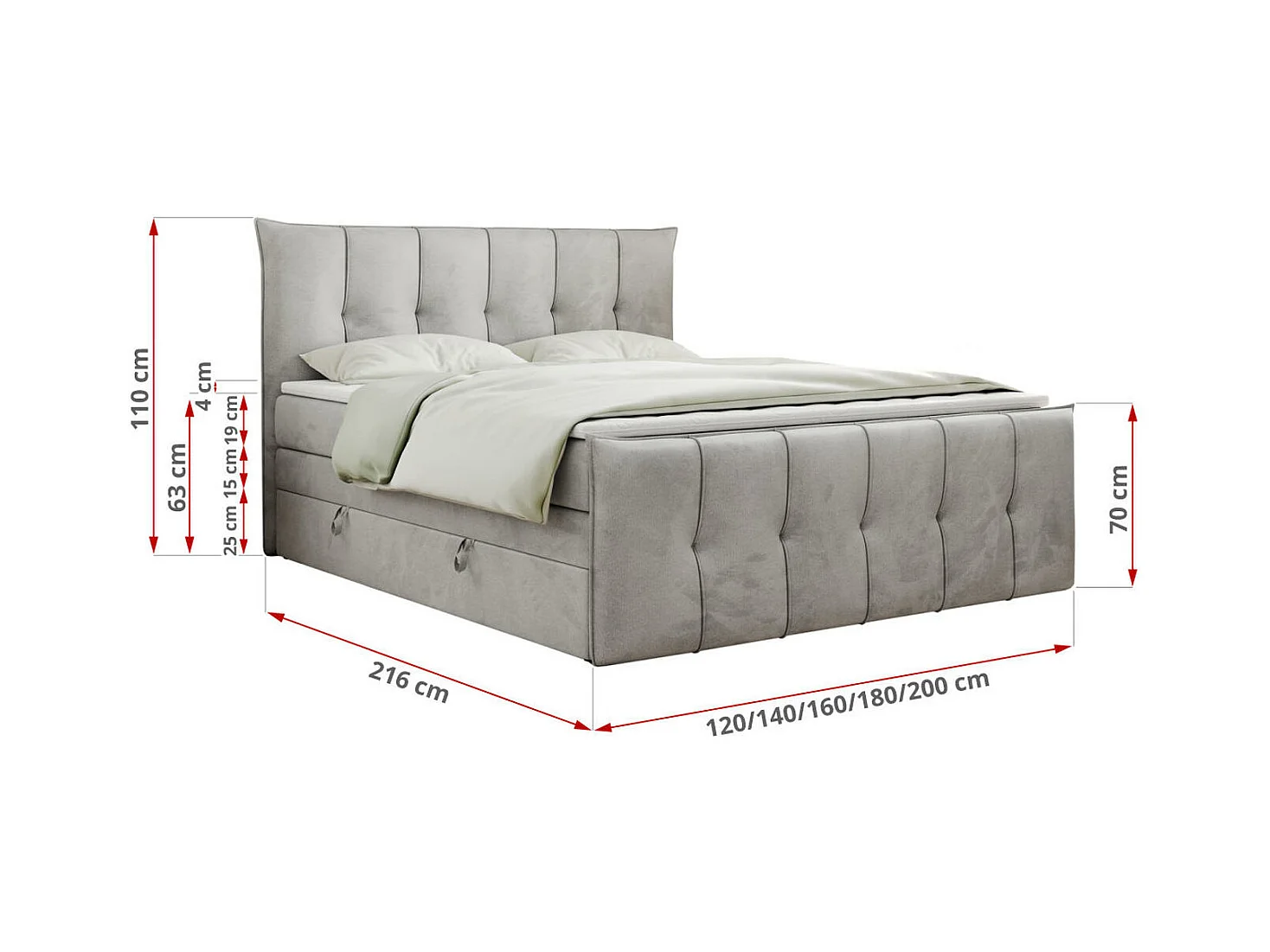 Boxspringbett PREMIUM 11 KING mit Stauraum, gestepptes Kopfteil, zwei Multipocket-Matratzen - 200x200 cm - H4 - Hellgrau Velvet