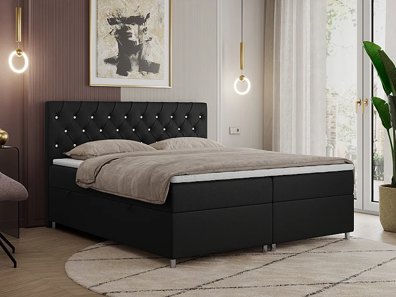 Boxspringbett ROMA mit gestepptem Kopfteil, Multipocket-Matratze, dekorative Füße - 200x200 cm - H3 - Schwarz Kunstleder