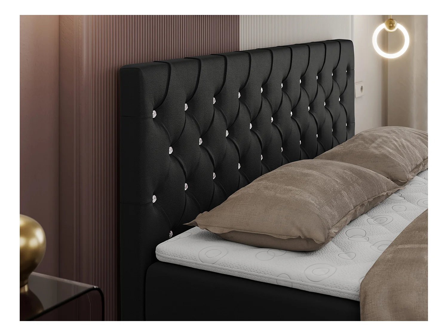 Boxspringbett ROMA mit gestepptem Kopfteil, Multipocket-Matratze, dekorative Füße - 200x200 cm - H3 - Schwarz Kunstleder