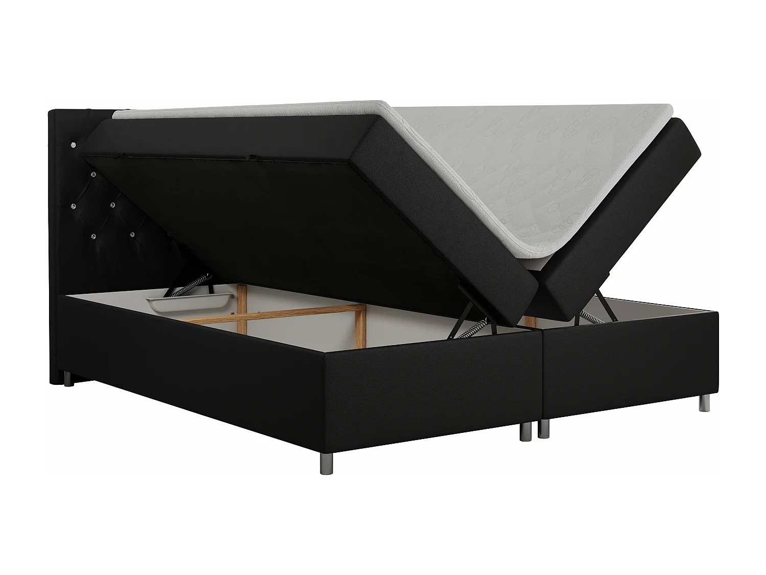 Boxspringbett ROMA mit gestepptem Kopfteil, Multipocket-Matratze, dekorative Füße - 200x200 cm - H3 - Schwarz Kunstleder