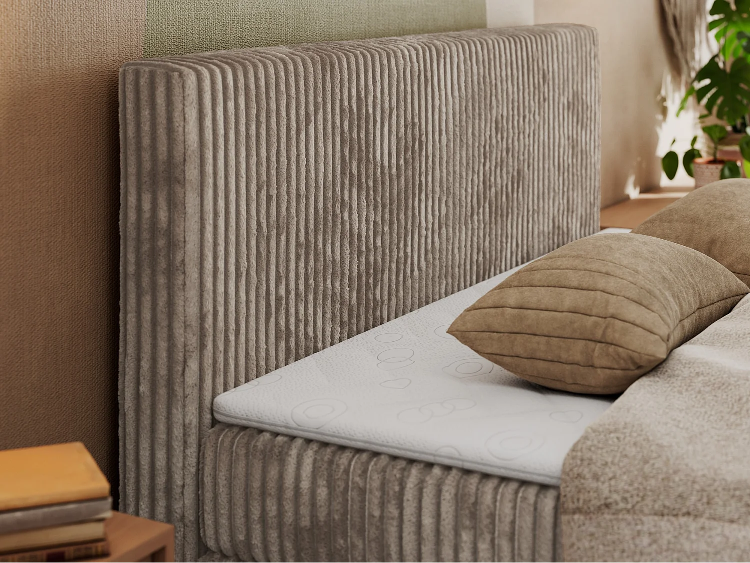 Boxspringbed met hoofdbord H4 + Topper T25 - Lichtbruin Ribstof - 180x200 - TILIANO KING DUO