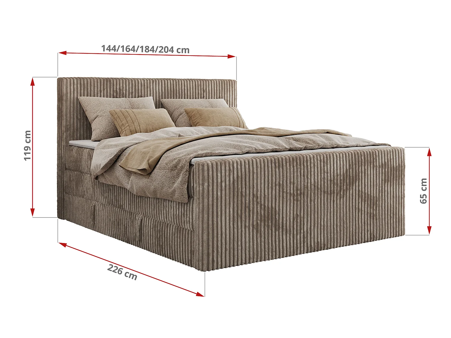 Boxspringbed met hoofdbord H4 + Topper T25 - Lichtbruin Ribstof - 180x200 - TILIANO KING DUO