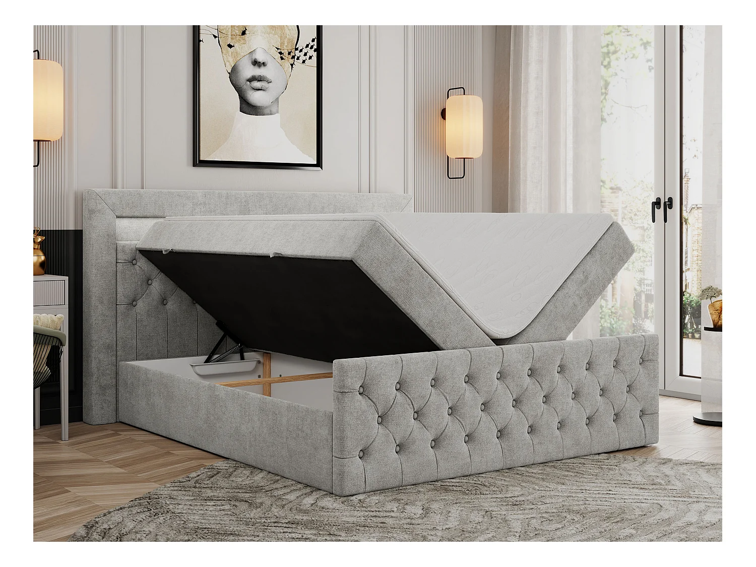 Boxspringbett GOLD 9 mit Stauraum, Multipocket-Matratze, gestepptes Bett, LED Beleuchtung - 140x200 cm - H3 - Hellgrau Strukture