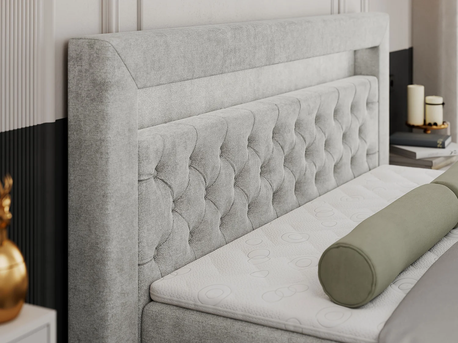 Boxspringbett GOLD 9 mit Stauraum, Multipocket-Matratze, gestepptes Bett, LED Beleuchtung - 140x200 cm - H3 - Hellgrau Strukture