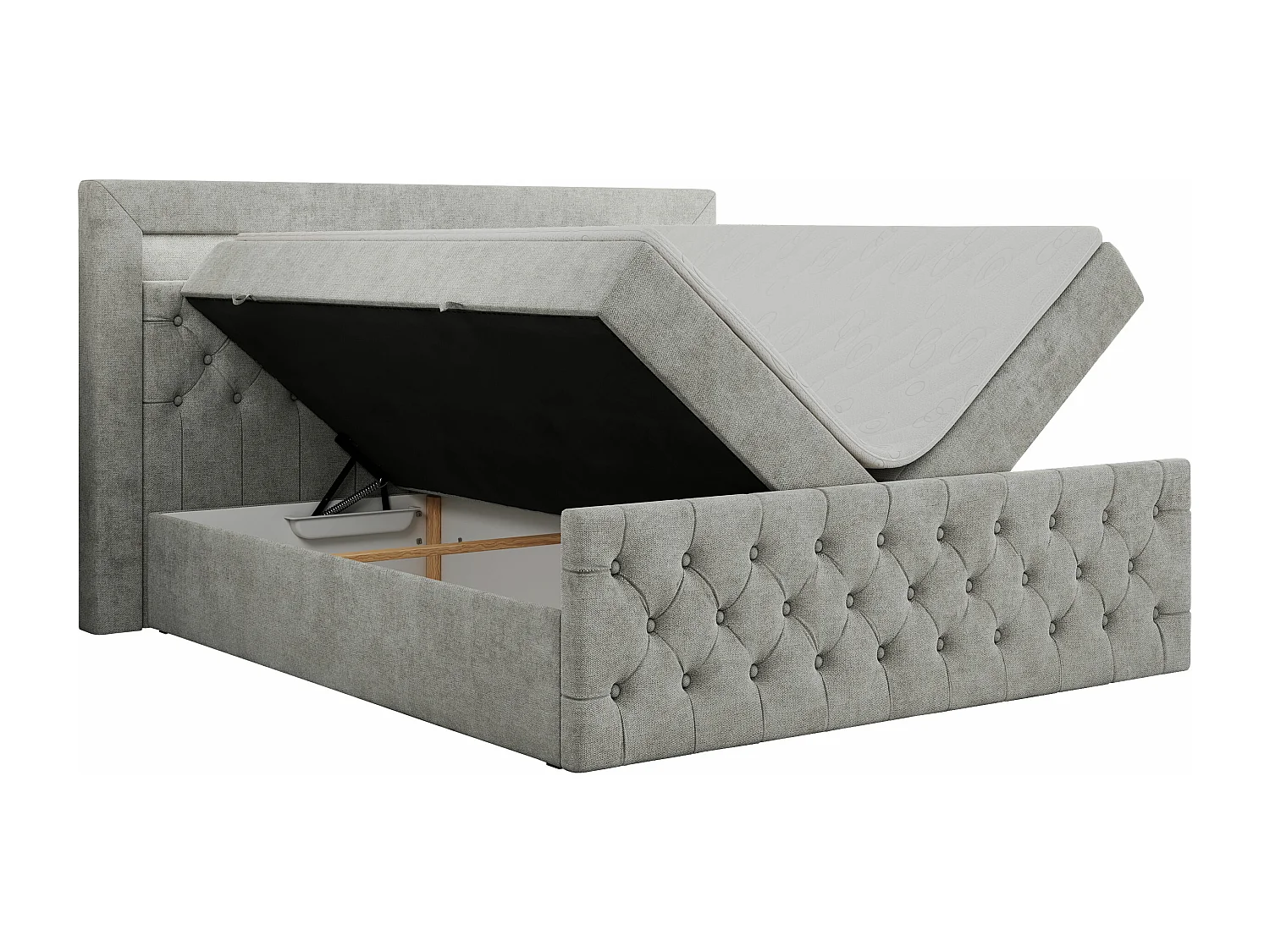 Boxspringbett GOLD 9 mit Stauraum, Multipocket-Matratze, gestepptes Bett, LED Beleuchtung - 140x200 cm - H3 - Hellgrau Strukture