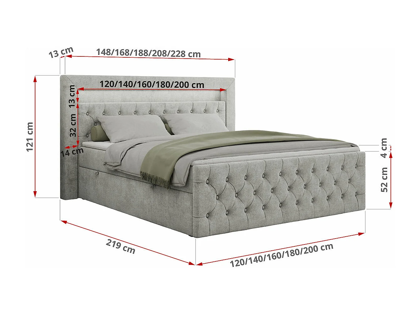 Boxspringbett GOLD 9 mit Stauraum, Multipocket-Matratze, gestepptes Bett, LED Beleuchtung - 140x200 cm - H3 - Hellgrau Strukture