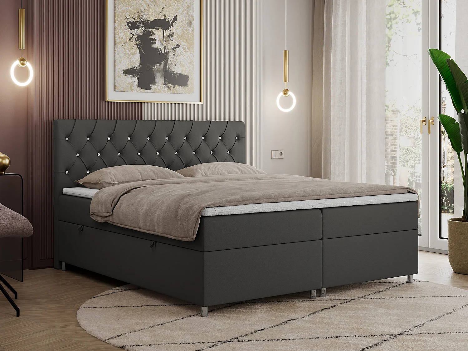 Boxspringbett ROMA mit gestepptem Kopfteil, Multipocket-Matratze, dekorative Füße - 160x200 cm - H3 - Dunkelgrau Kunstleder