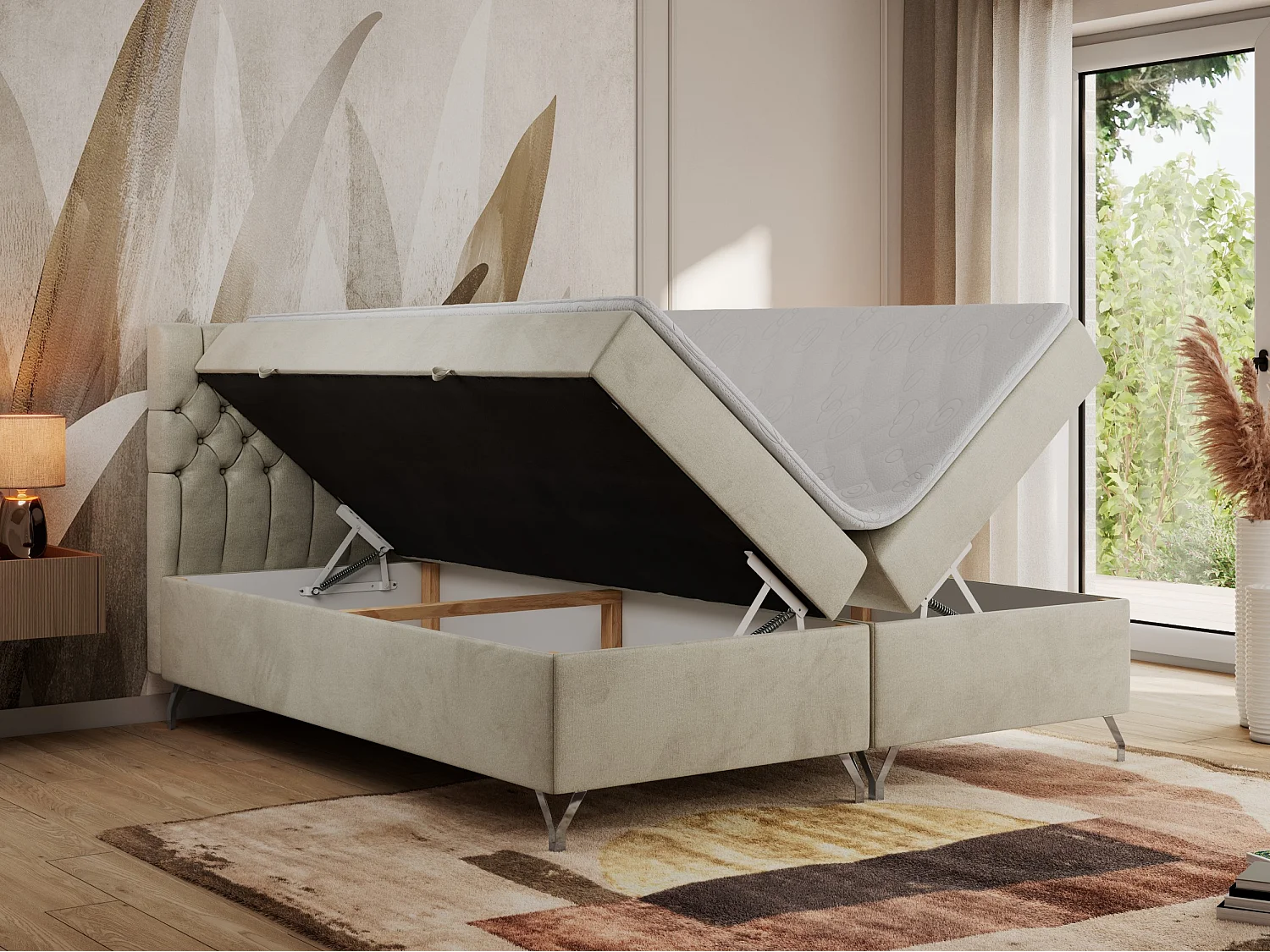 Boxspringbett GRIMALDI mit zwei Bettkästen, gesteppter Kopfstütze, Metallfüßen - 180x200 cm - H4 - Beige Velvet