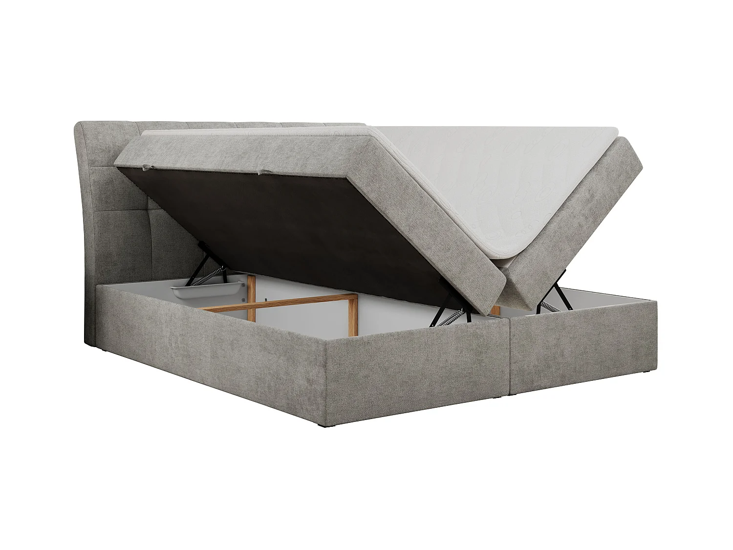 Boxspringbett DIEGOS mit Stauraum, gestepptem Kopfteil, Multipocket-Matratze - 180x200 cm - H3 - Hellgrau Strukture