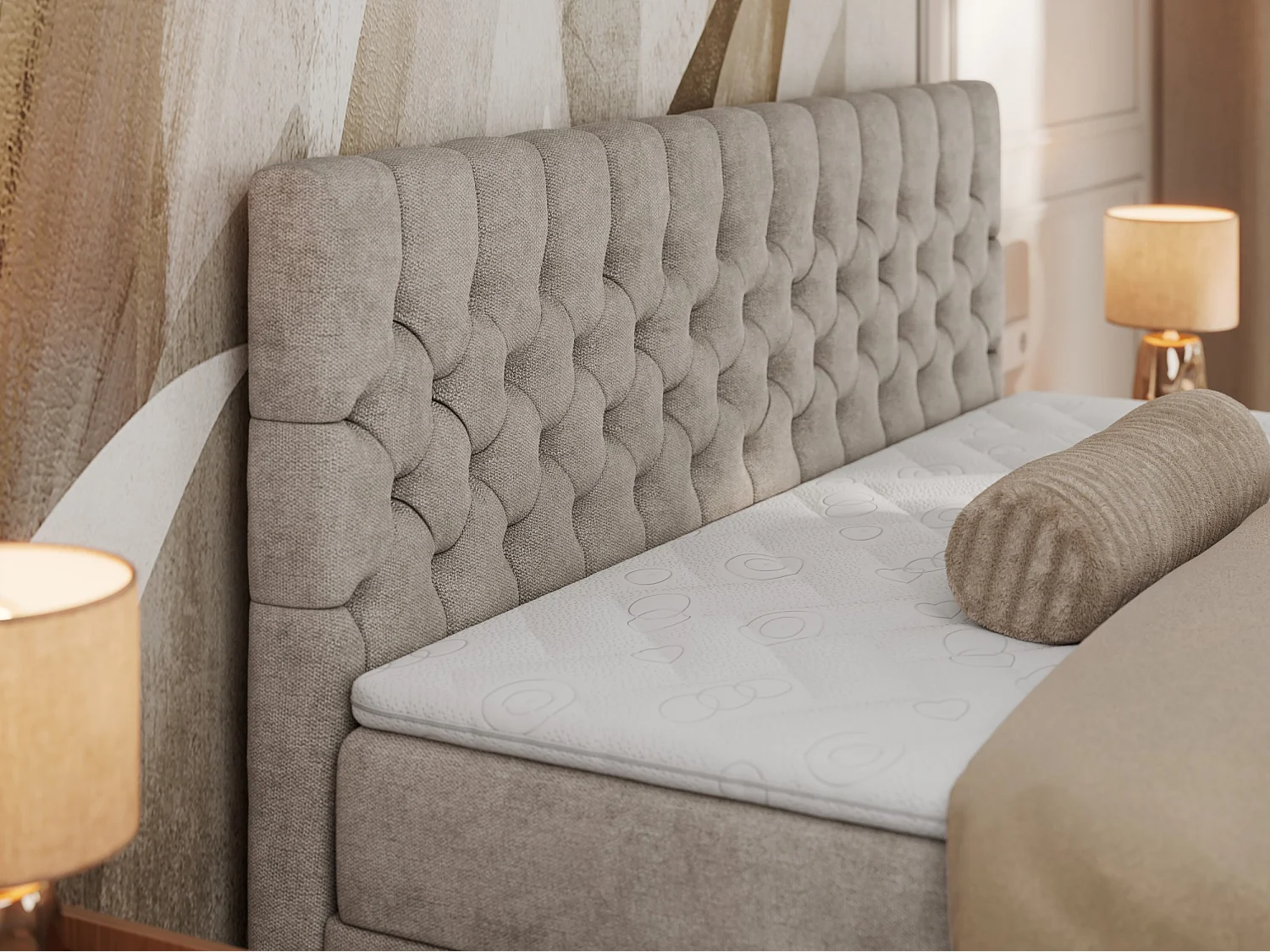 Boxspringbett GRIMALDI mit zwei Bettkästen, gesteppter Kopfstütze, Metallfüßen - 140x200 cm - H3 - Beige Strukture