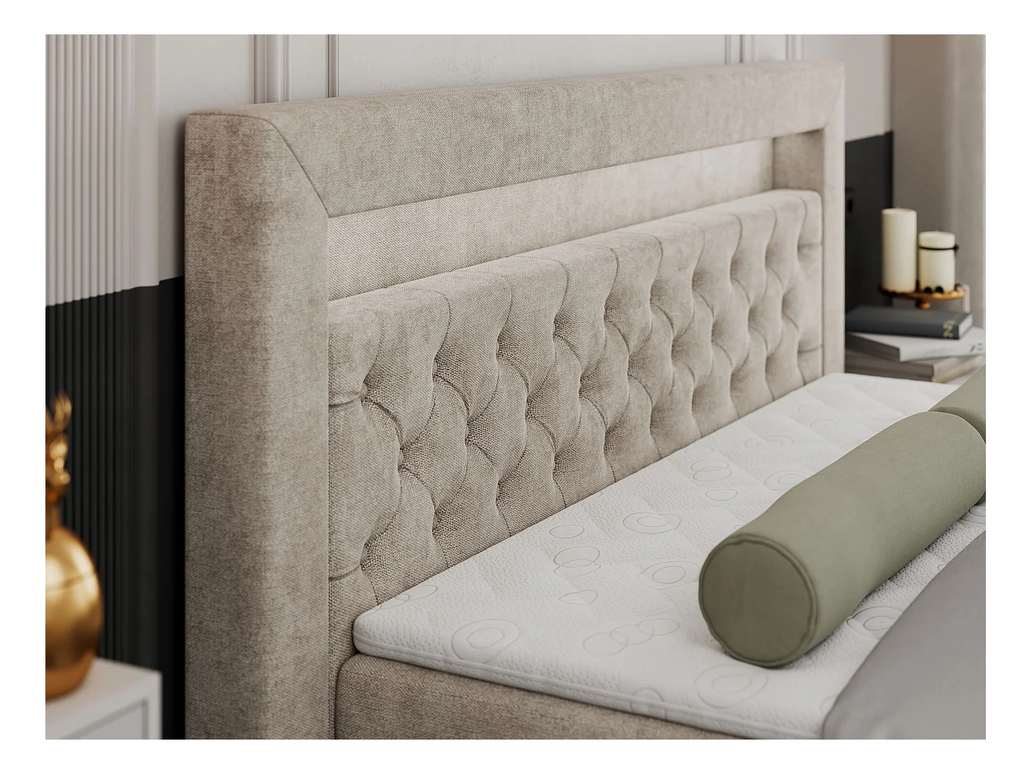 Boxspringbett GOLD 9 mit Stauraum, Multipocket-Matratze, gestepptes Bett, LED Beleuchtung - 140x200 cm - H3 - Beige Strukture