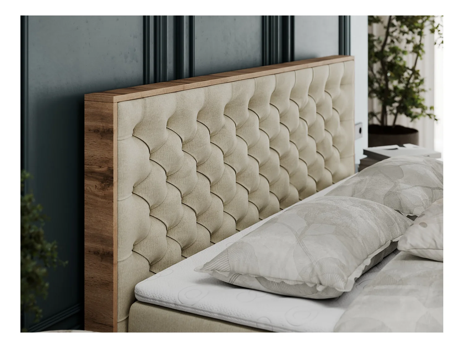 Boxspringbett ALBERO 3 - gesteppte Kopfstütze, Eiche Wotan Holzrahmen, Stauraum - 120x200 cm - H4 - Beige Velvet