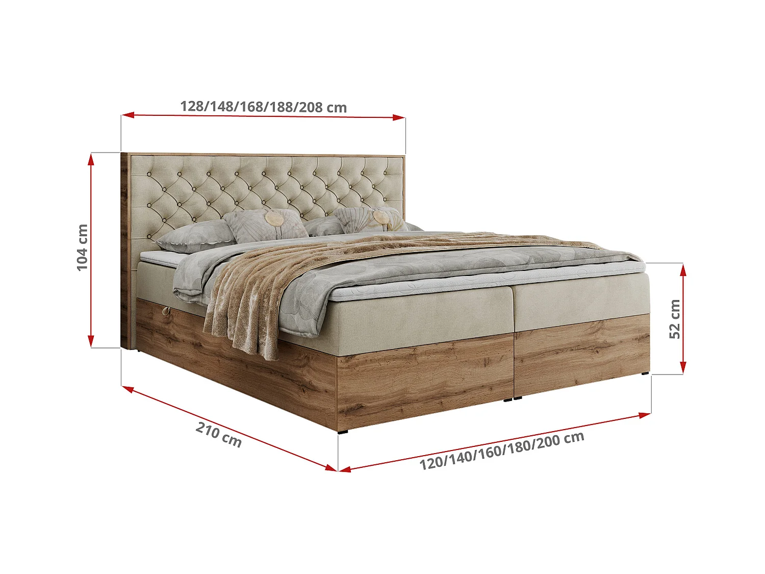 Boxspringbett ALBERO 3 - gesteppte Kopfstütze, Eiche Wotan Holzrahmen, Stauraum - 120x200 cm - H4 - Beige Velvet
