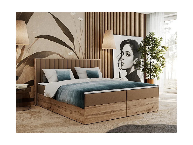 Boxspringbett ALBERO 4, Eiche Wotan Holzrahmen, mit Stauraum, genähtes Kopfteil - 140x200 cm - H4 - Braun Kunstleder