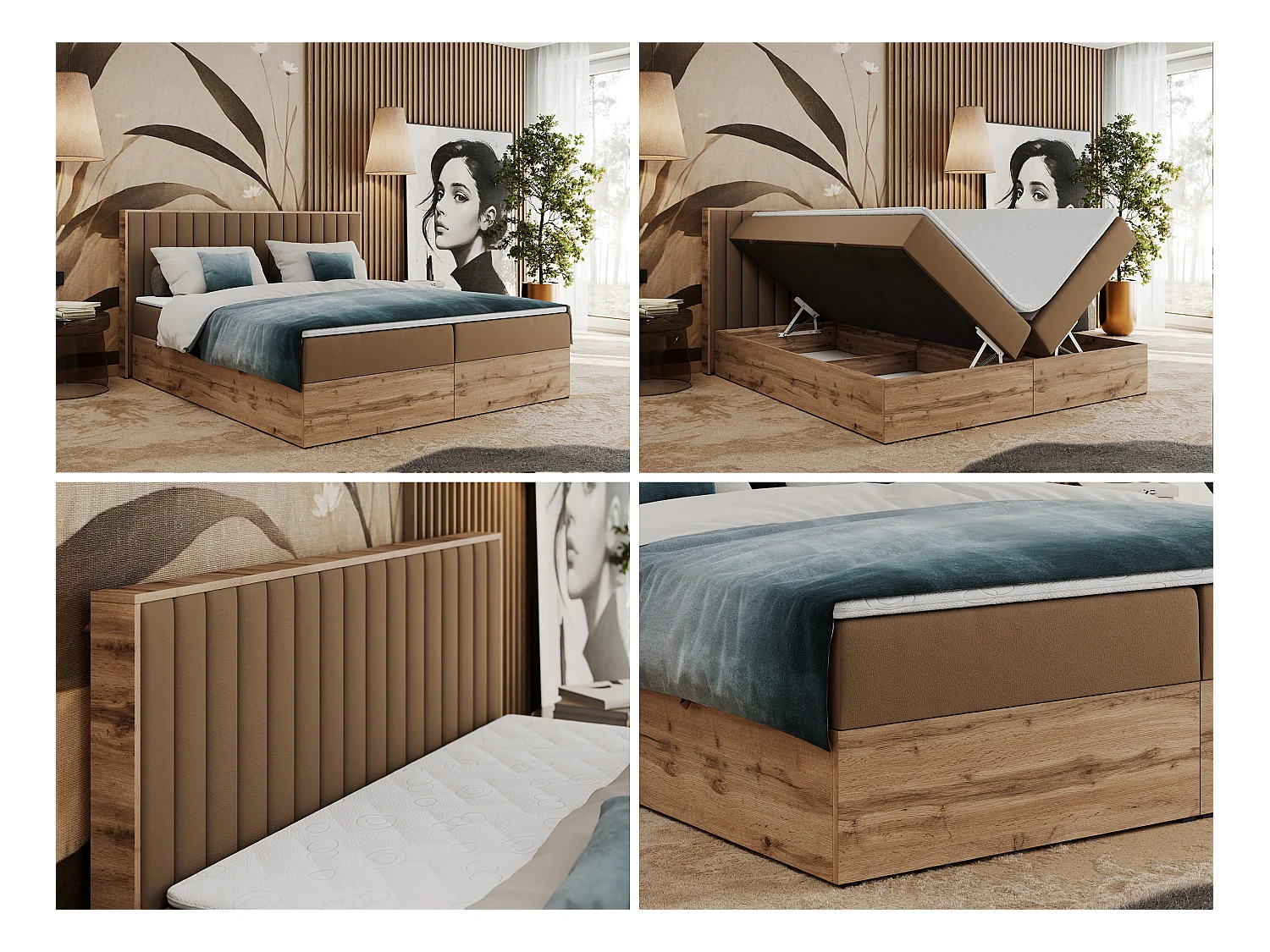 Boxspringbett ALBERO 4, Eiche Wotan Holzrahmen, mit Stauraum, genähtes Kopfteil - 140x200 cm - H4 - Braun Kunstleder