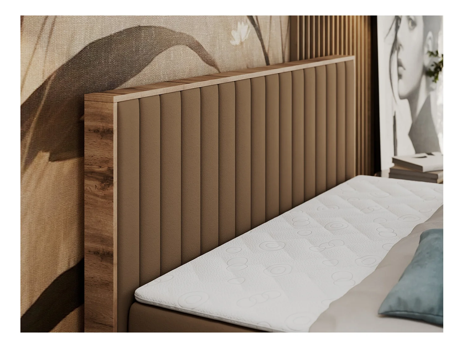 Boxspringbett ALBERO 4, Eiche Wotan Holzrahmen, mit Stauraum, genähtes Kopfteil - 140x200 cm - H4 - Braun Kunstleder