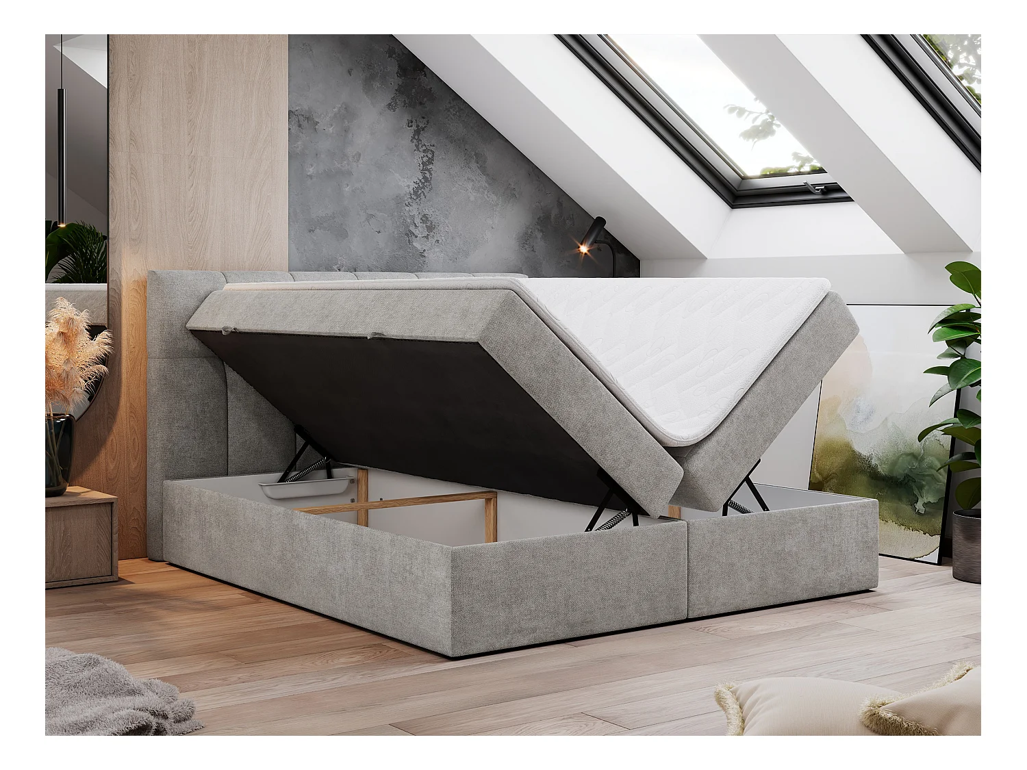 Boxspringbett RICO, Doppelbett mit Matratze, zwei Bettkästen, Bett mit Kopfteil - 200x200 cm - H4 - Hellgrau Stukture
